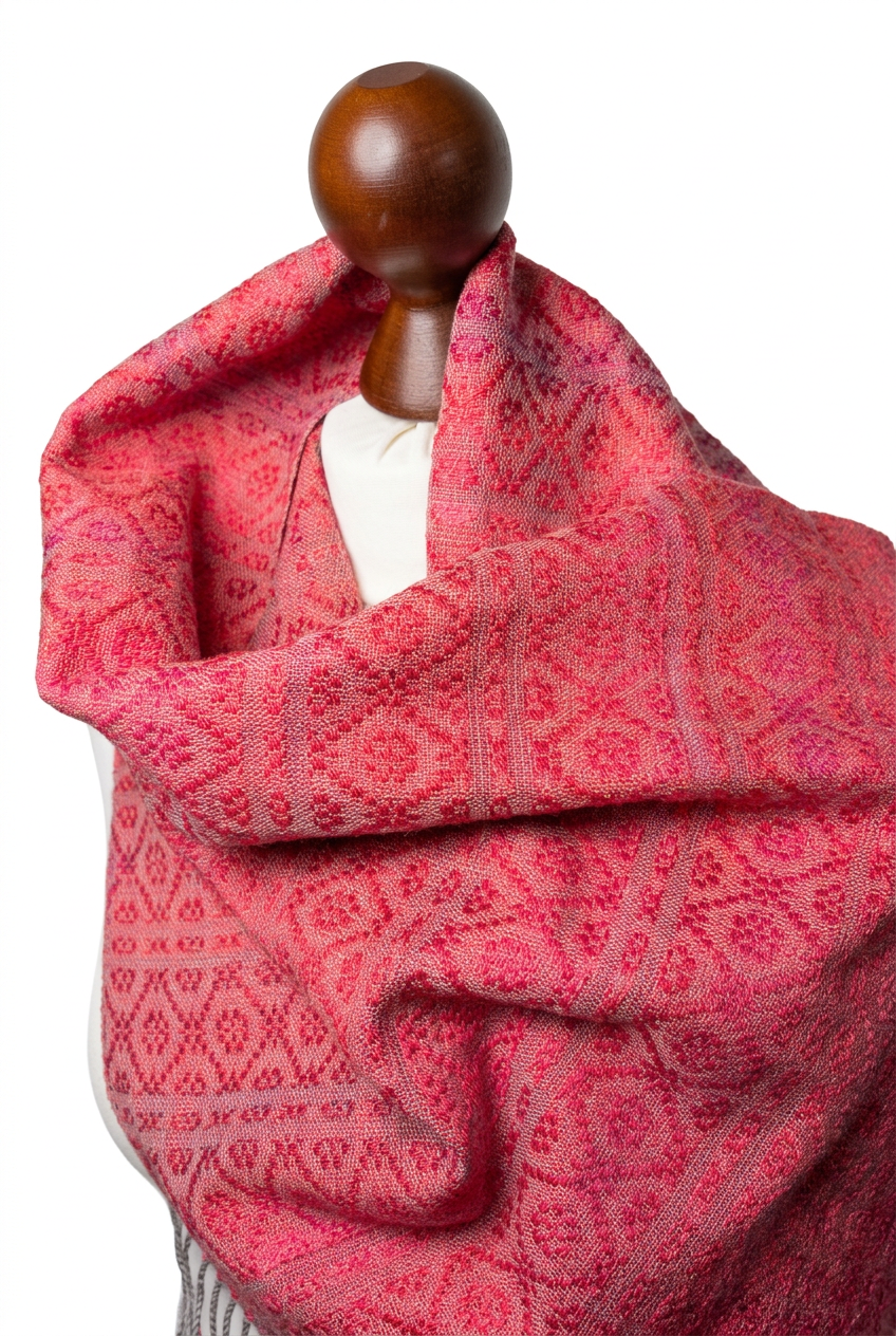 Hand-woven Raspberry gradient Merino Cashmere Rose fiber Silk Shawl, photo 6