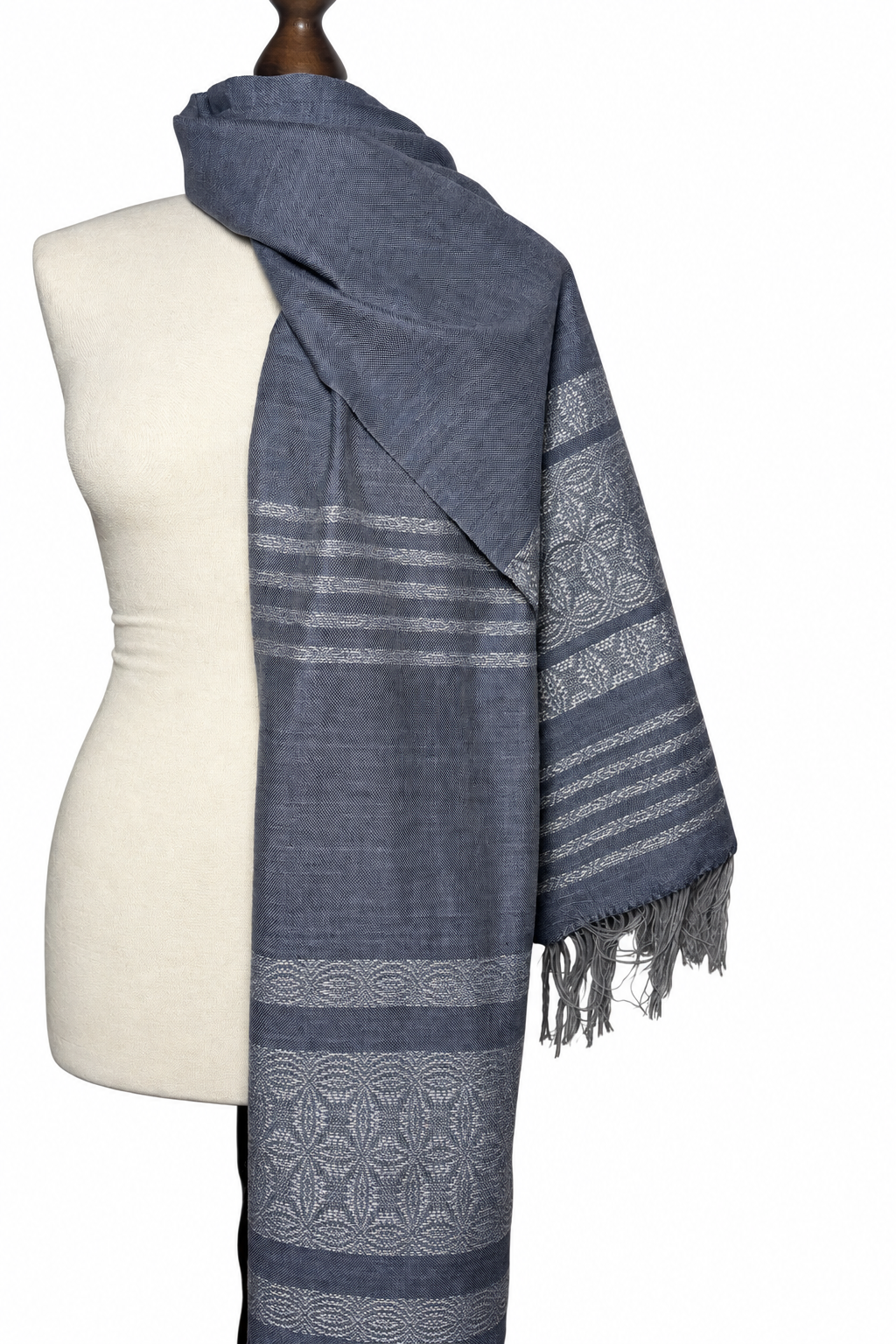 Woven Slate Grey Mulberry Silk Scarf | Bluish Gray Lily Pattern Shawl, photo 5