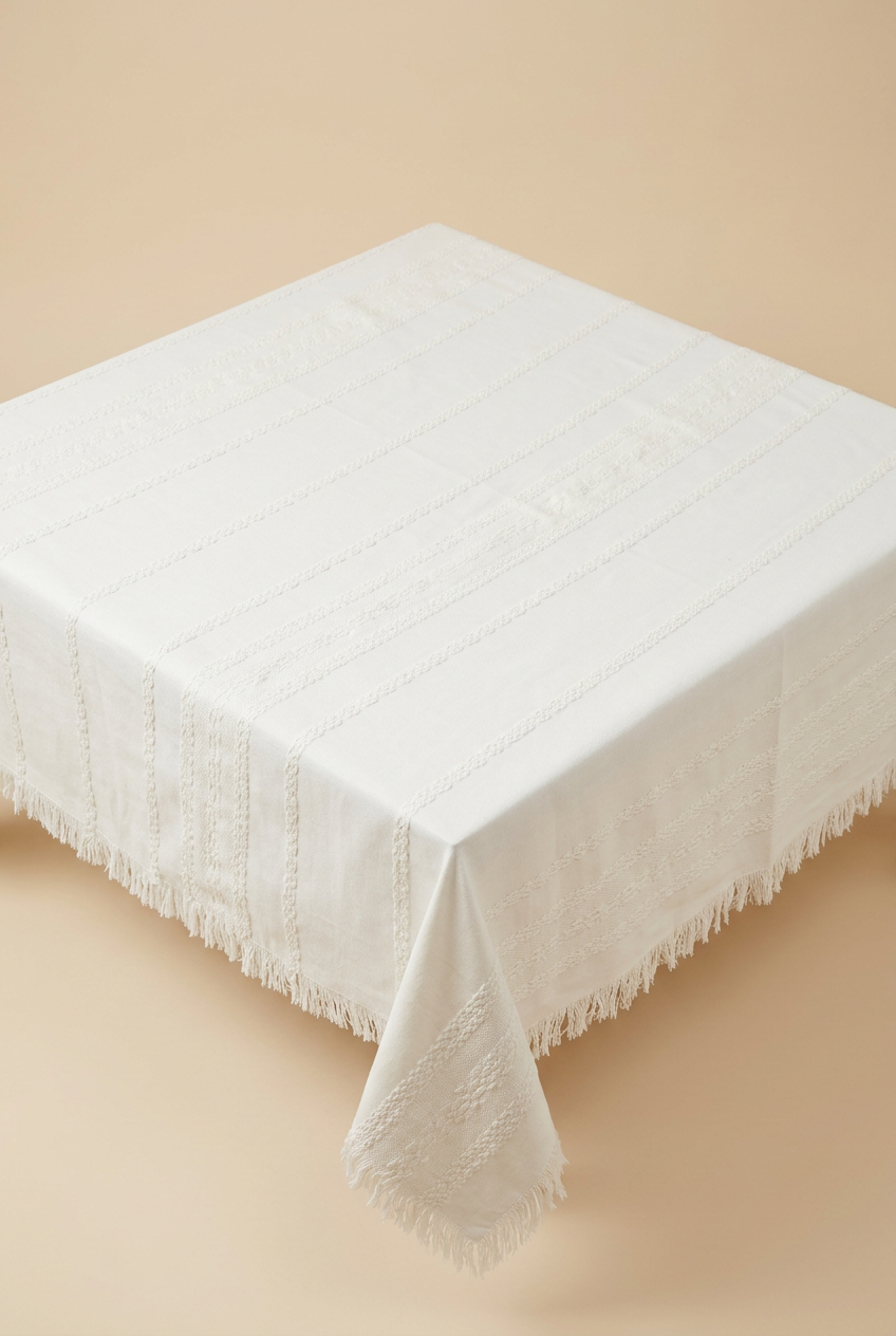 White Woven Tablecloth with Decorative Texture – 115 × 115 cm