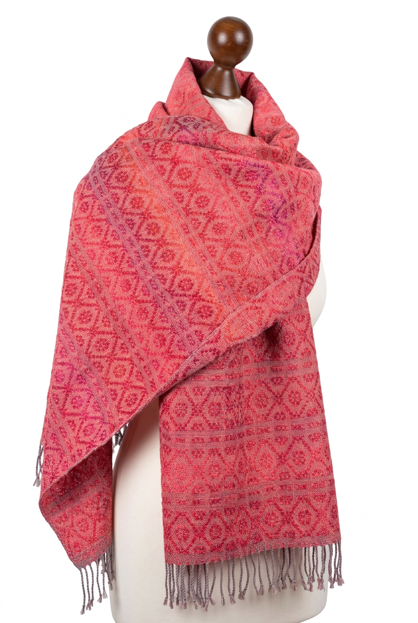 Hand-woven Raspberry gradient Merino Cashmere Rose fiber Silk Shawl, photo 5