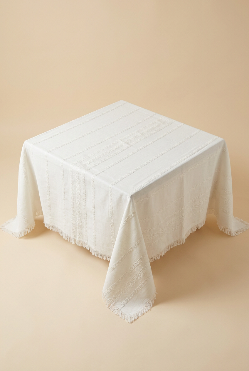 White Woven Tablecloth with Decorative Texture – 115 × 115 cm, photo 2