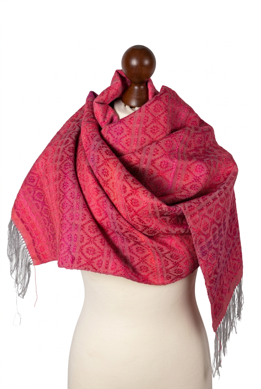 Hand-woven Raspberry gradient Merino Cashmere Rose fiber Silk Shawl, photo 2
