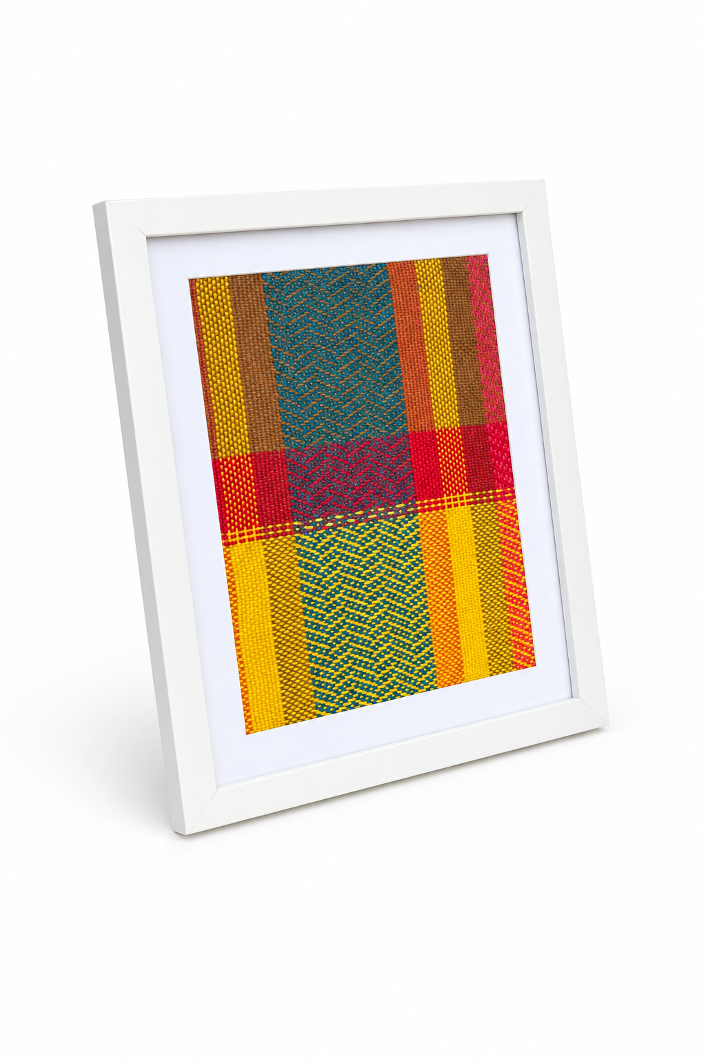 Handwoven Textile Wall Art – Mustard, Blue, Brown and Red Cotton 28x33 cm, photo 3