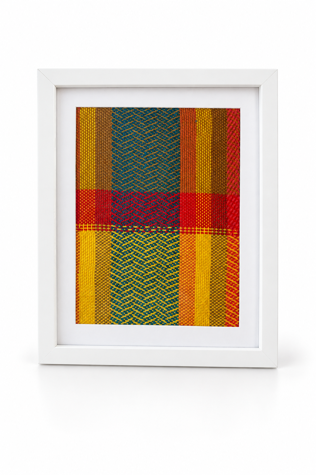 Handwoven Textile Wall Art – Mustard, Blue, Brown and Red Cotton 28x33 cm