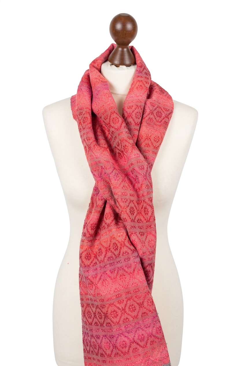 Hand-woven Raspberry gradient Merino Cashmere Rose fiber Silk Shawl, photo 3