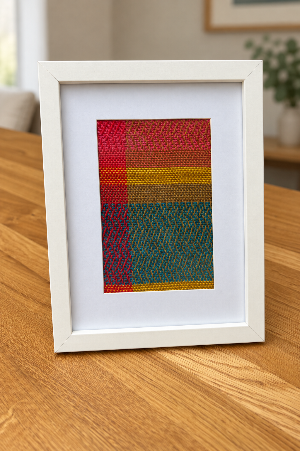 Handwoven Textile Wall Art – Mustard, Blue, Brown and Pink Cotton 23x28 cm