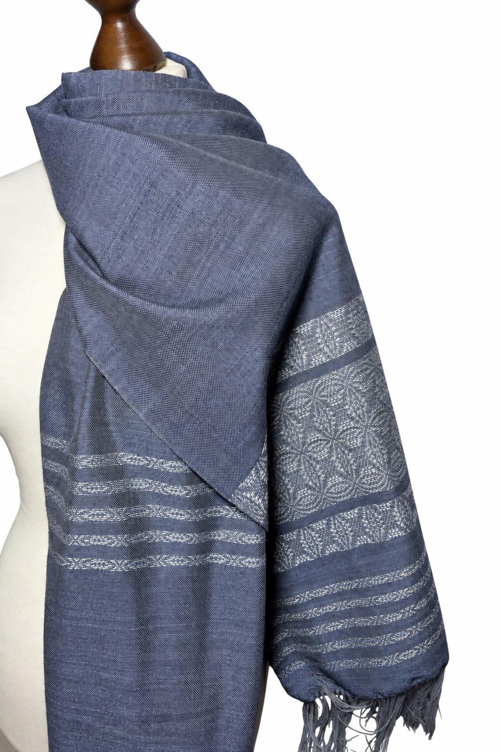 Woven Slate Grey Mulberry Silk Scarf | Bluish Gray Lily Pattern Shawl