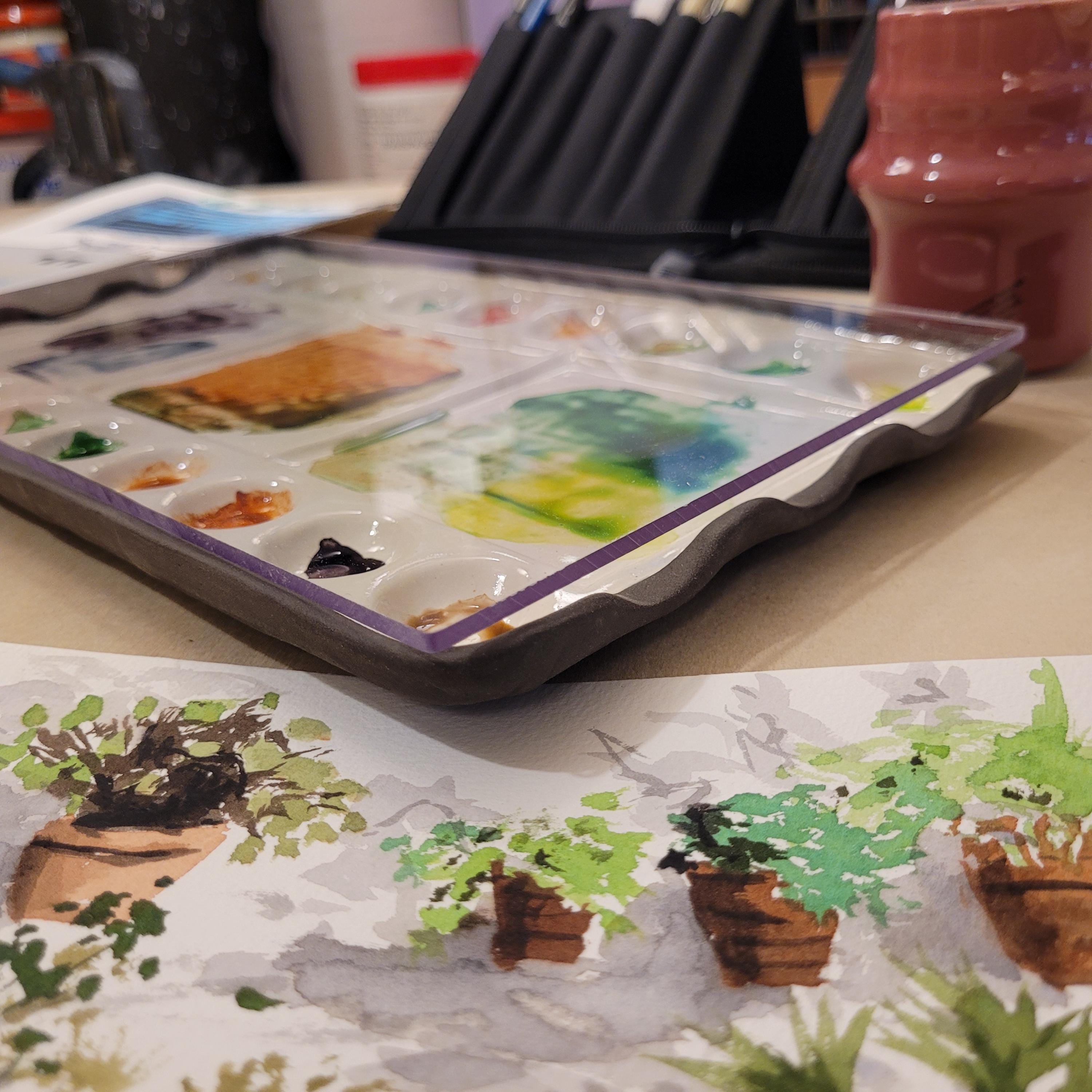 Long Handmade Ceramic Palette – Durable Stoneware with 6 Integrated Brush Rests, 20 Paint Wells, 3 Large Mixing Wells and Acrylic Cover, photo 2
