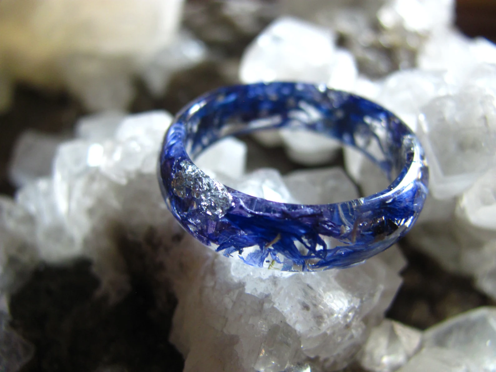 Real Cornflower Resin Ring - Midnight Bloom Silver Flake Band, photo 2