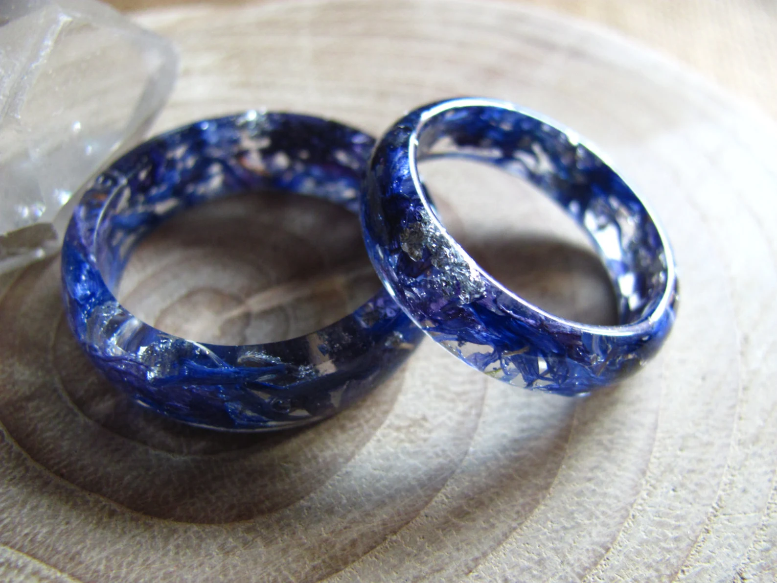 Real Cornflower Resin Ring - Midnight Bloom Silver Flake Band, photo 4