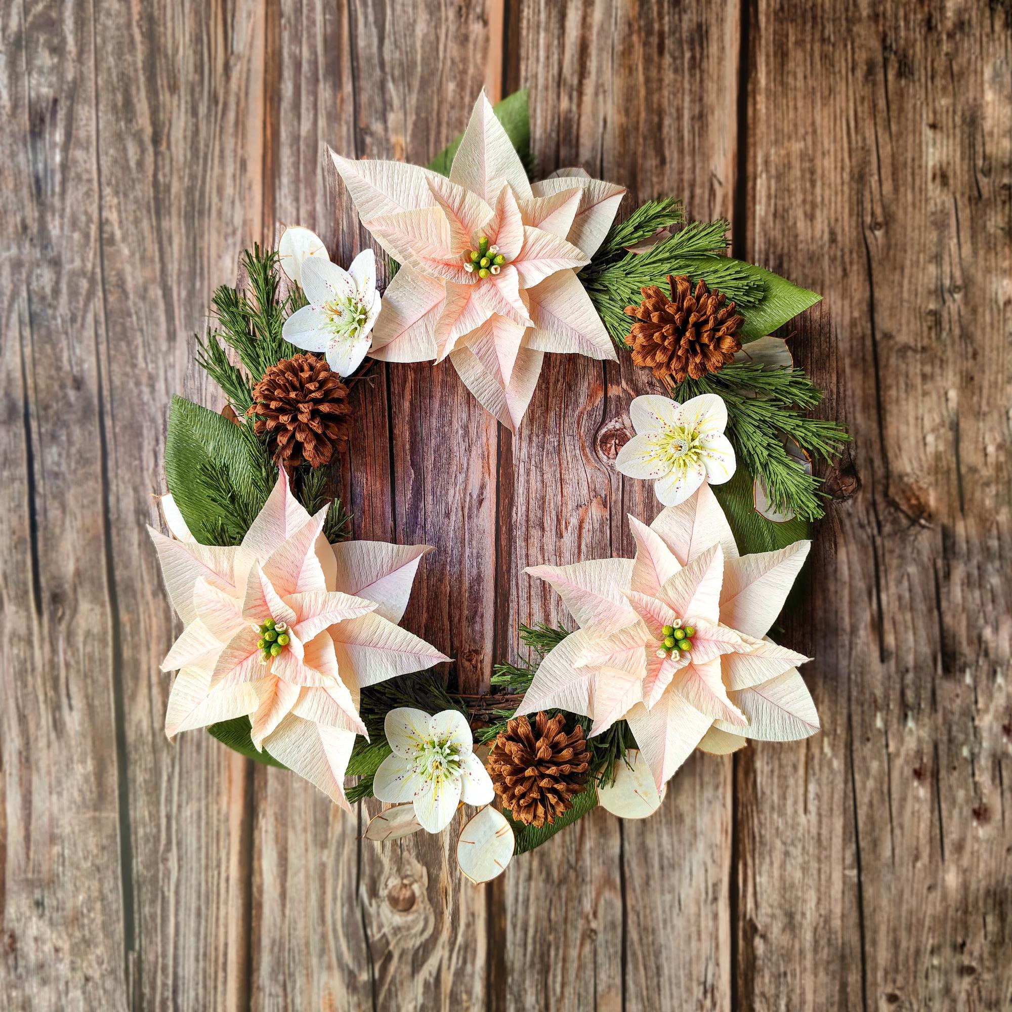 Handmade crepe paper poinsettia wreath, rustic Christmas holiday decor for home, photo 3