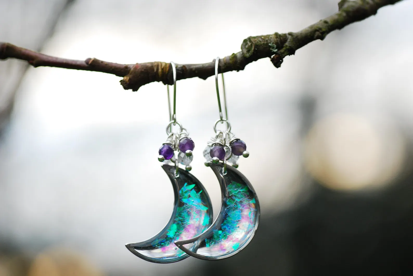 Celestial Moon Earrings - Amethyst And Zircon Crystal Silver Crescent Drops, photo 4