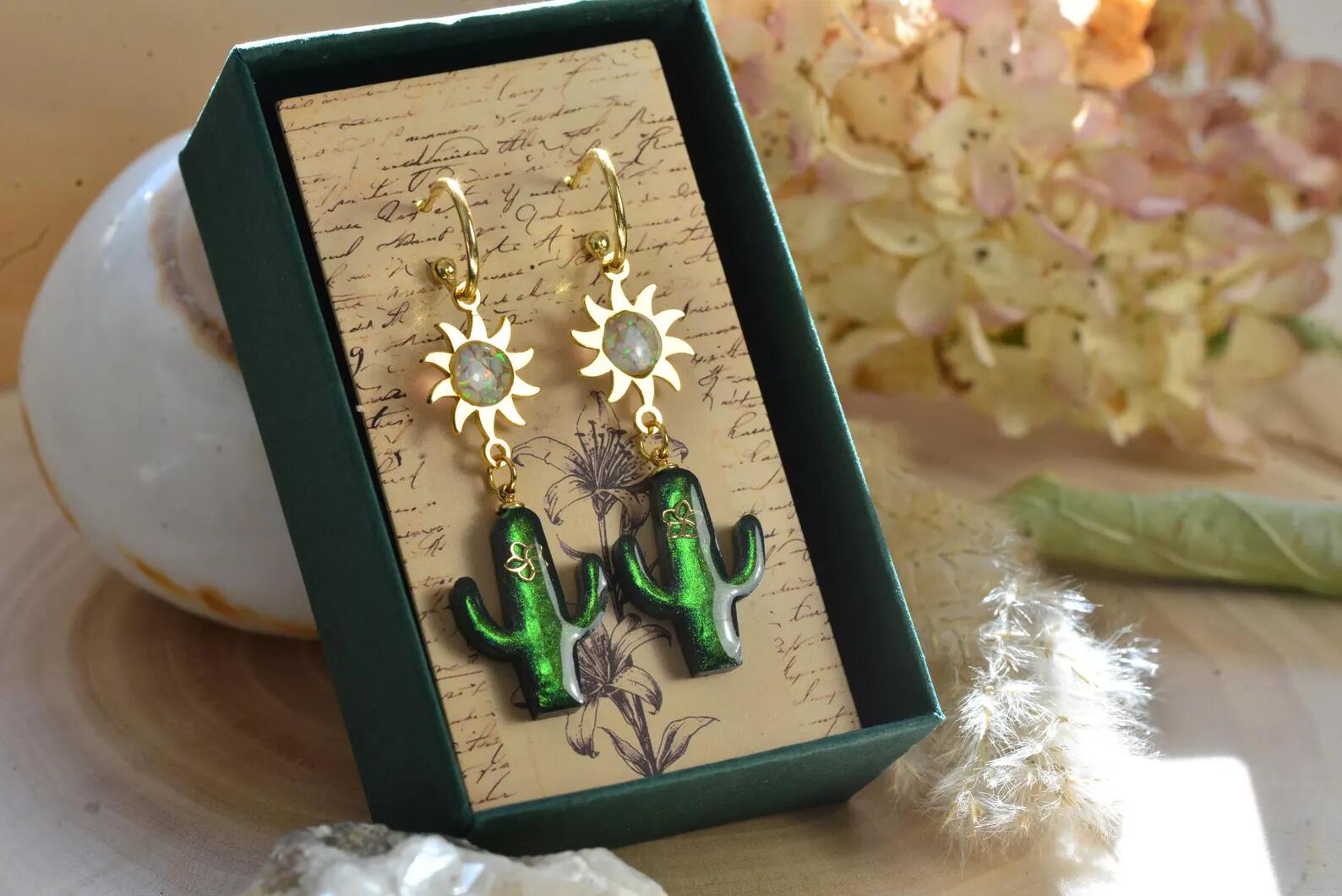 Boho Resin Earrings – Green Cactus 14K Gold Sun & Opal Jewelry