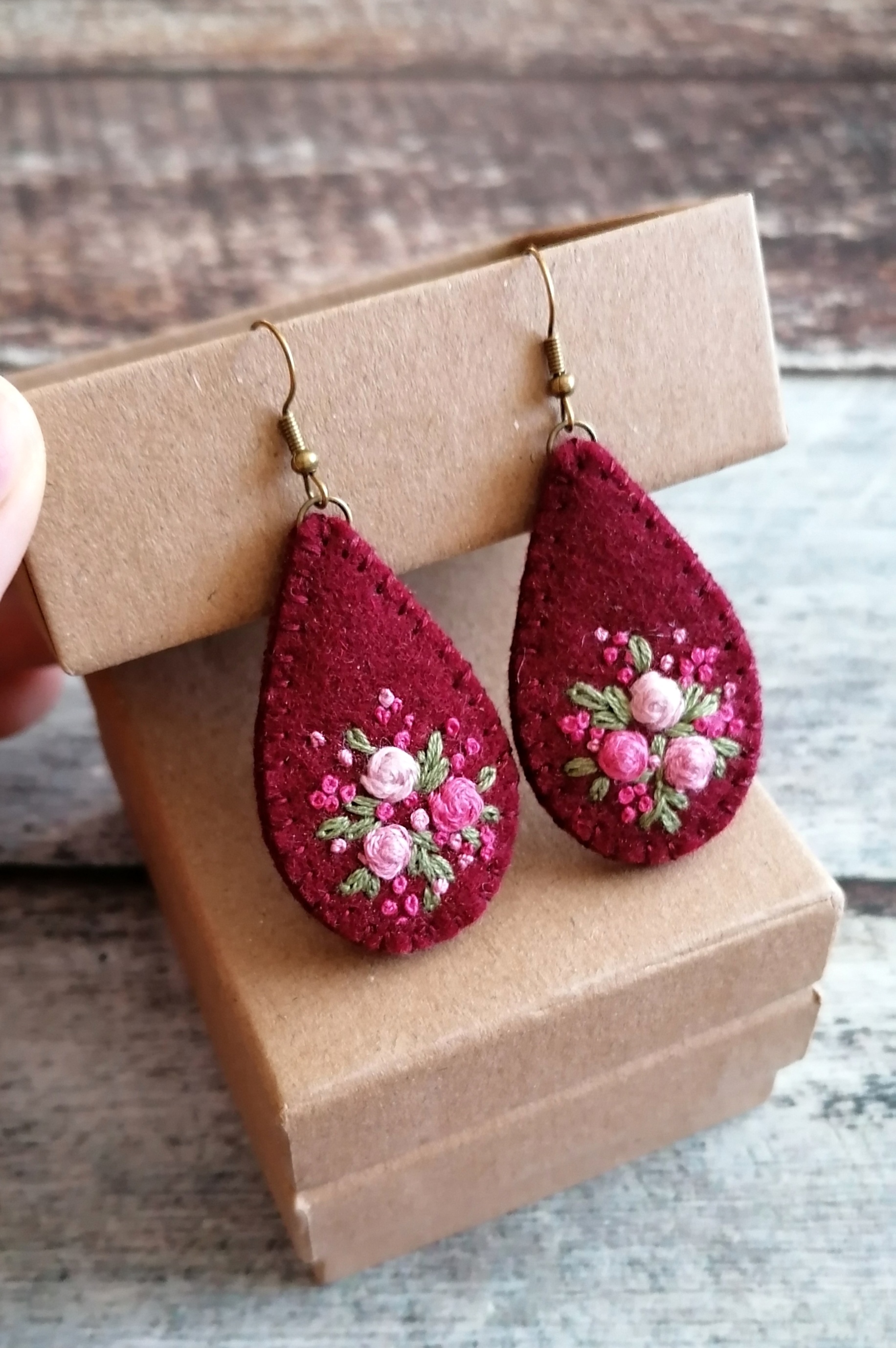 Hand embroidered dangle earrings, Burgundy color, Teardrop shape