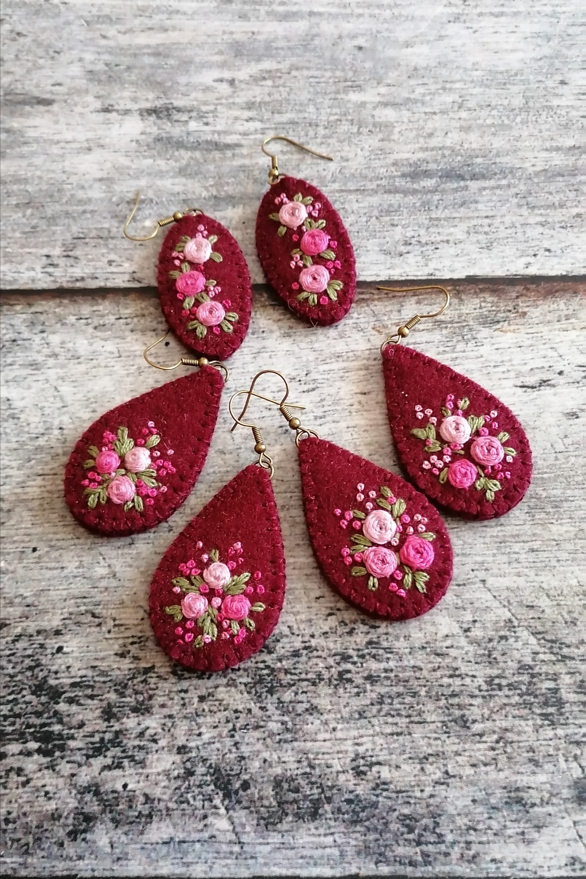 Hand embroidered dangle earrings, Burgundy color, Teardrop shape, photo 4