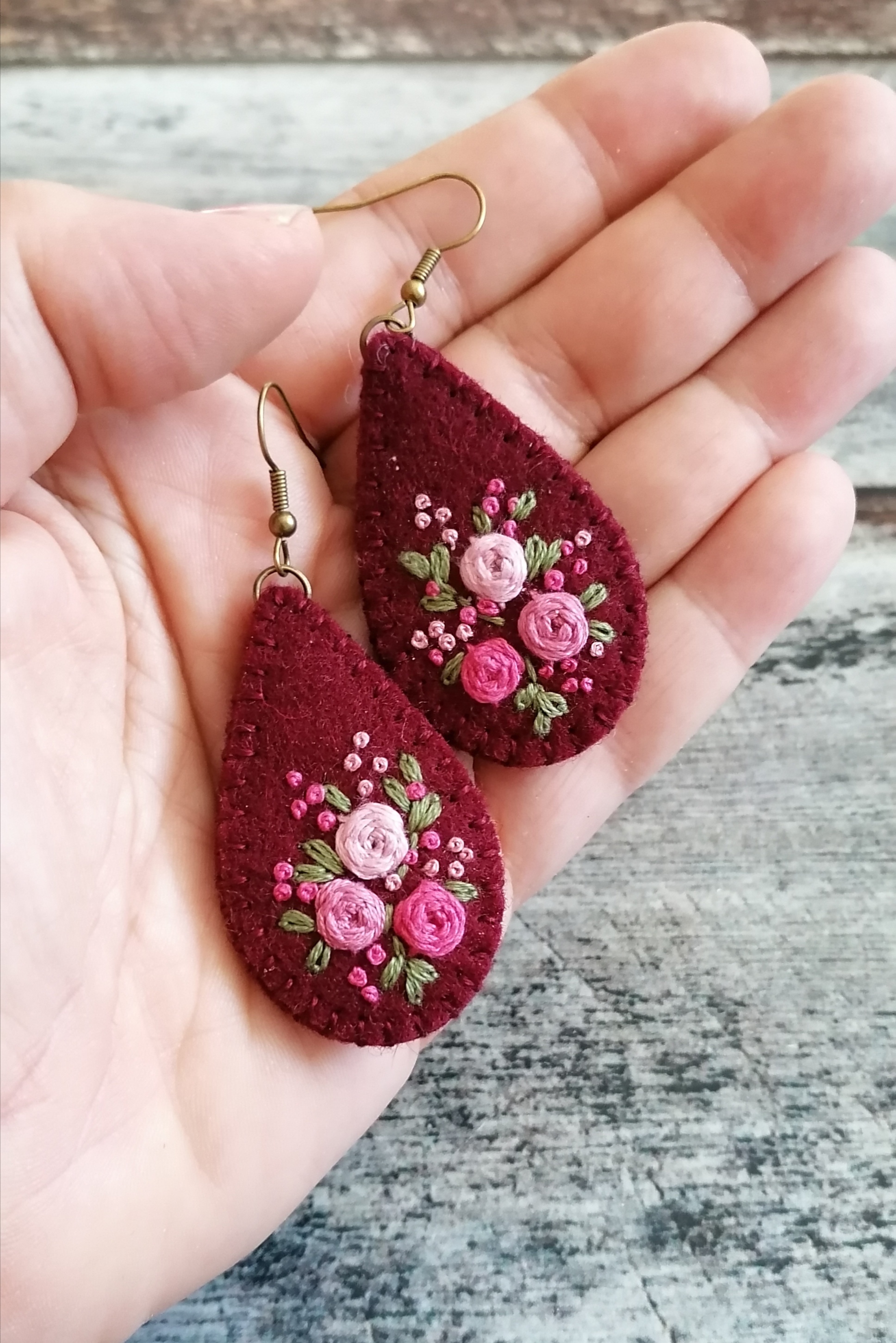 Hand embroidered dangle earrings, Burgundy color, Teardrop shape, photo 2