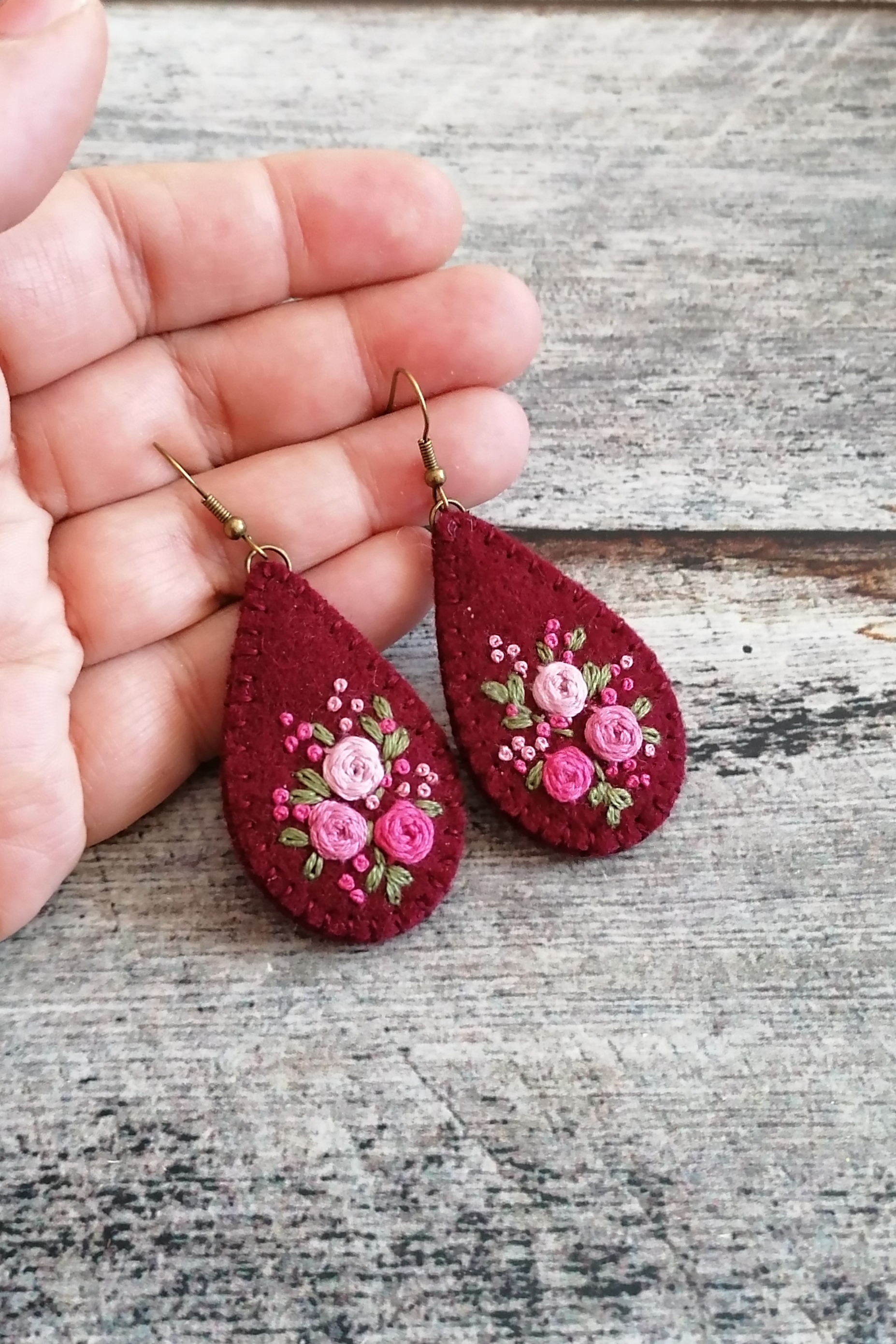 Hand embroidered dangle earrings, Burgundy color, Teardrop shape, photo 3
