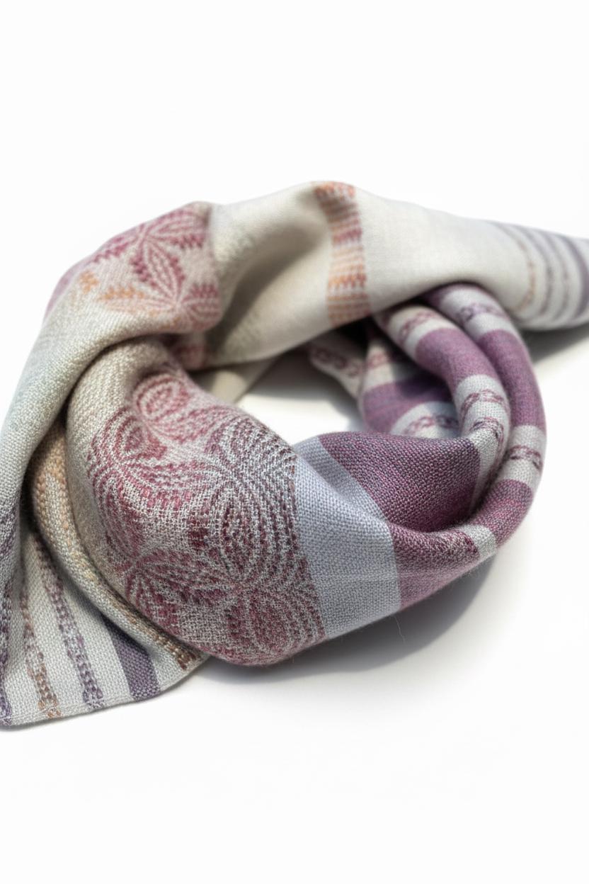 Hand-woven light grey-beige Merino scarf – Raspberry pattern – Luxury wool scarf – Elegant women's shawl, photo 3