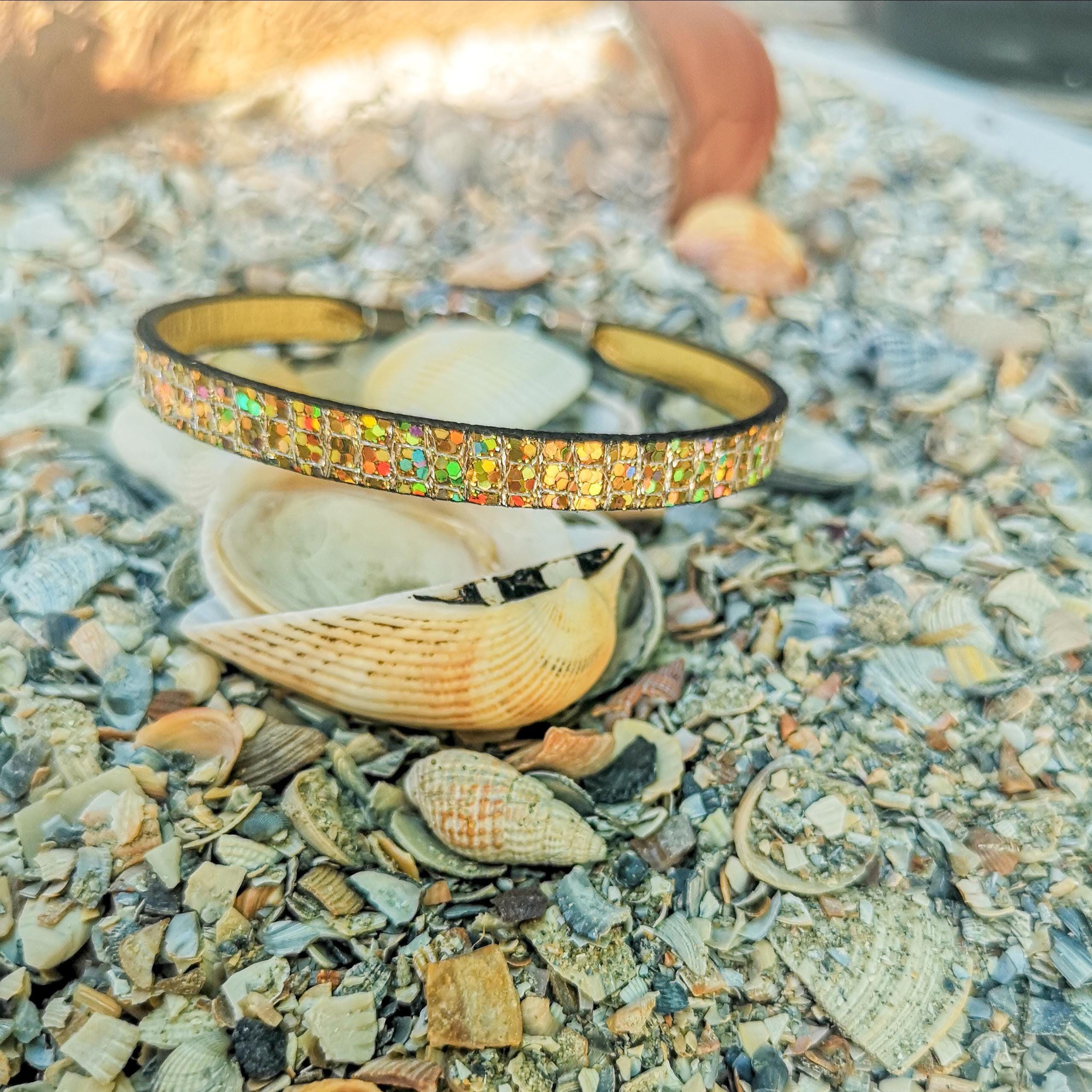 Gold glitter genuine leather bracelet, sparkly minimalist wristband, photo 3