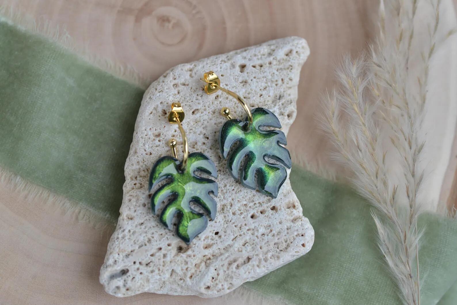 Botanical Resin Earrings - Monstera Leaf Gold Hoop Jewelry, photo 2