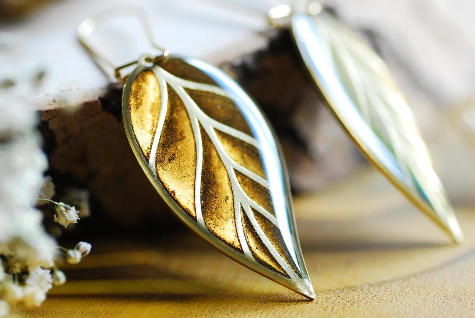 Botanical Gold Leaf Earrings - Shifting Bronze and Gold Leaf Dangles, photo 3