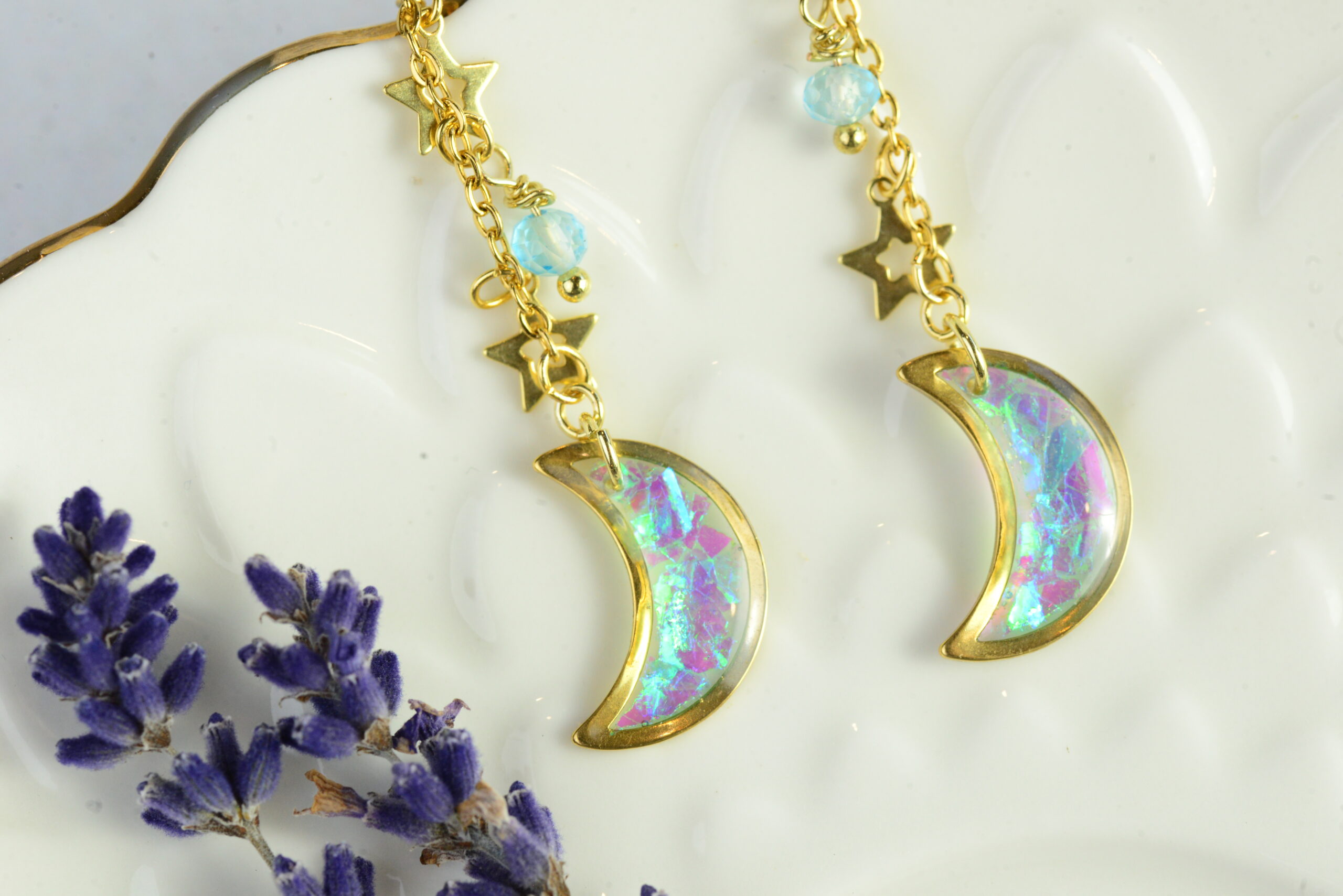 Crescent Moon Earrings With Iridescen Shards And Blue Topaz Bead, photo 4