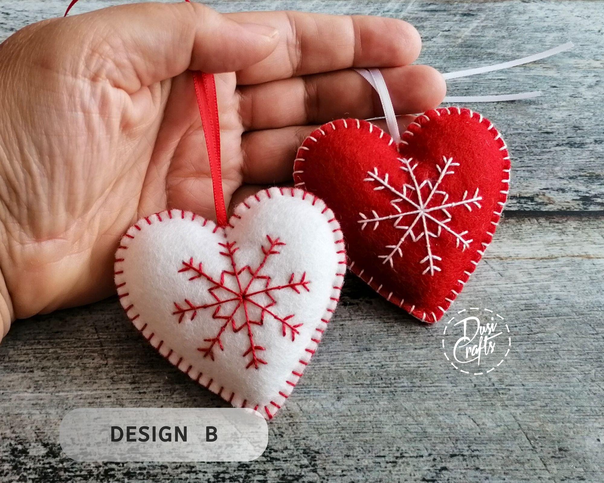 Set of 2  Felt Heart Christmas ornaments, white and red snowflake embroidery, photo 3