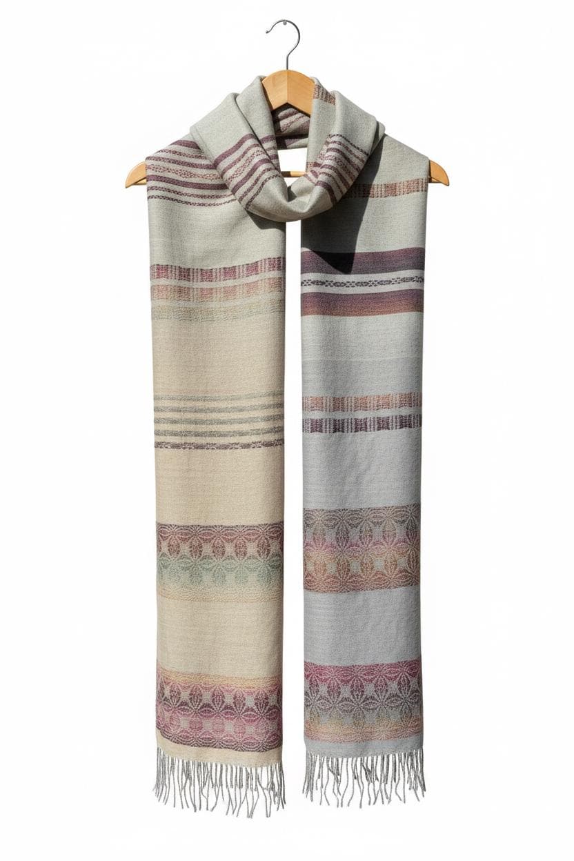 Hand-woven light grey-beige Merino scarf – Raspberry pattern – Luxury wool scarf – Elegant women's shawl, photo 2