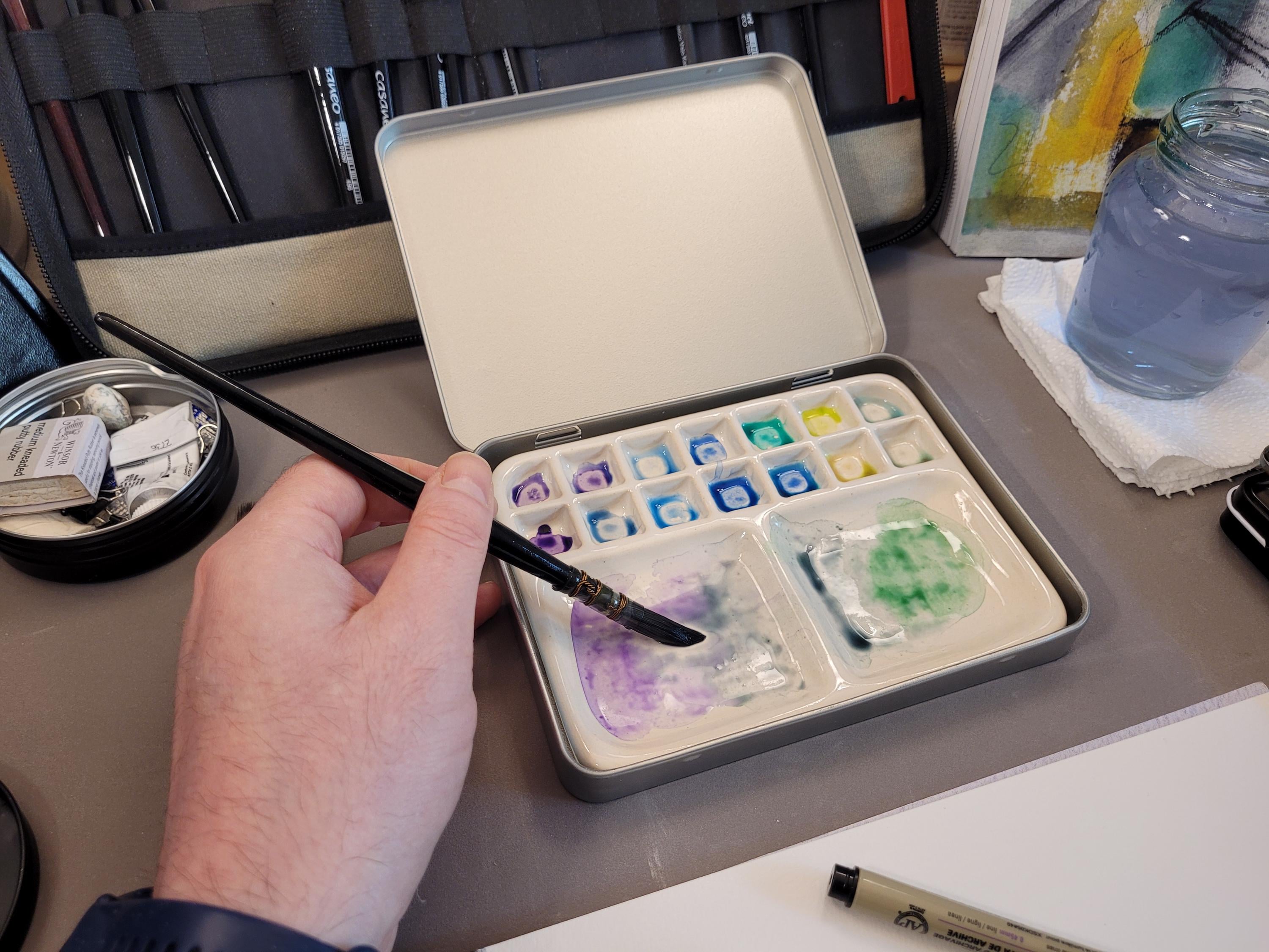 Handmade Watercolor Palette in Tin - Stoneware Ceramic Palette with Lid, photo 2