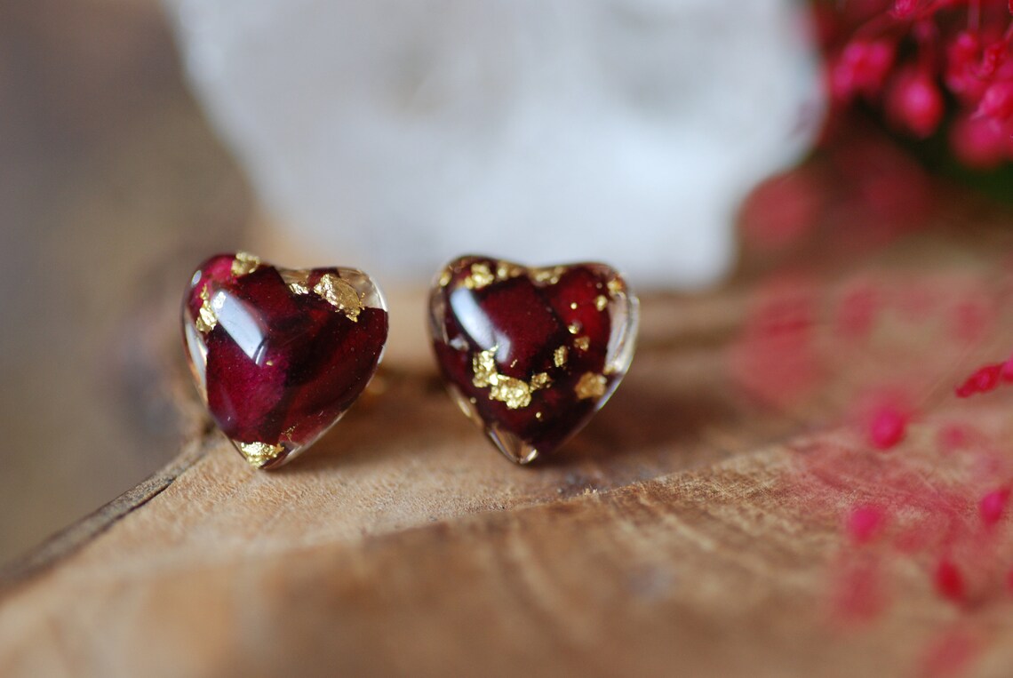 Red Rose Heart Earrings With Real Rose Petals 24K Gold Flakes And Sterling Silver Studs