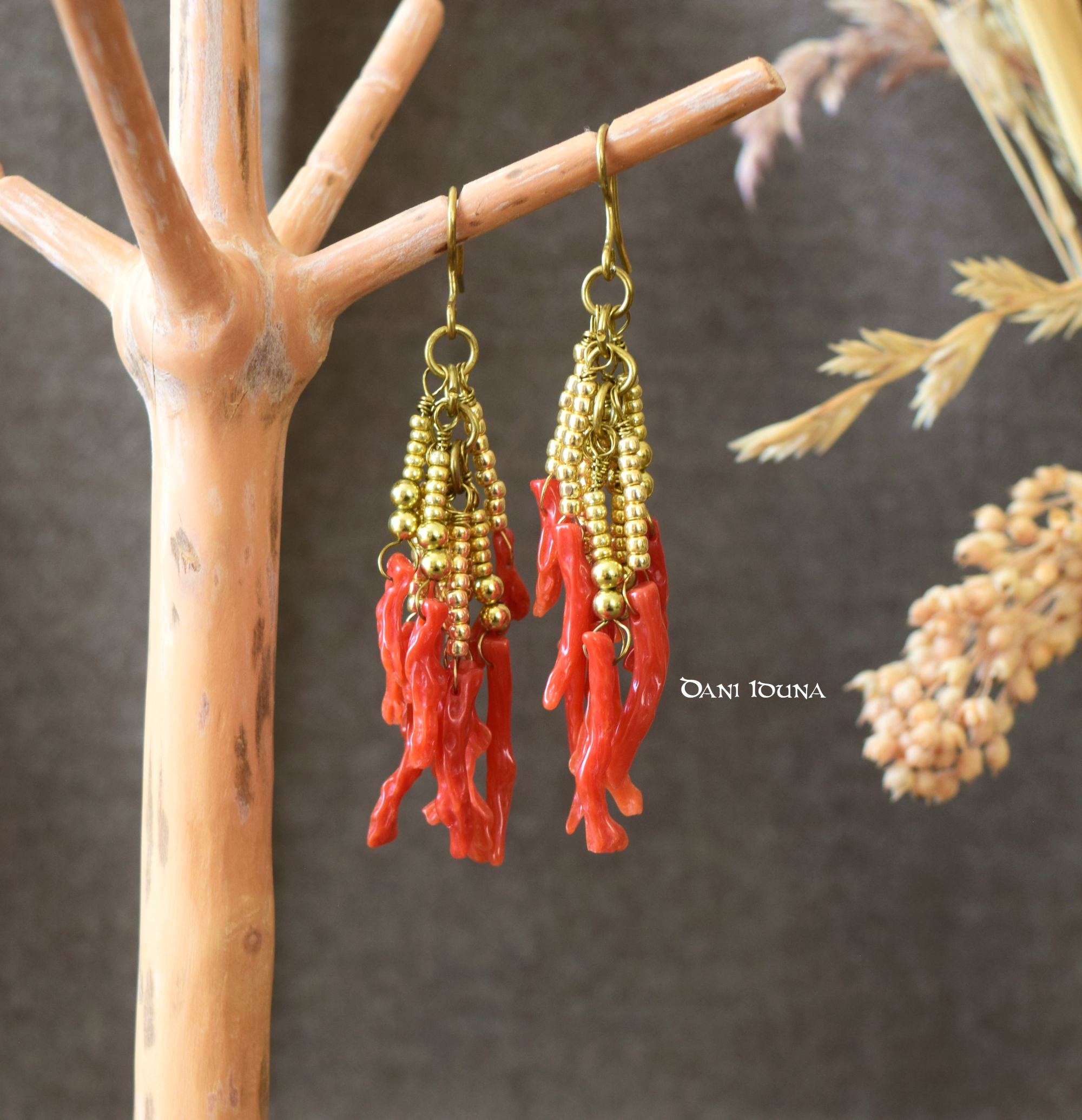 Vintage Red Genuine Coral Cascade Earrings, Long Gold-Tone Brass Drop Earrings, Handmade Boho Statement Earrings – Gift
