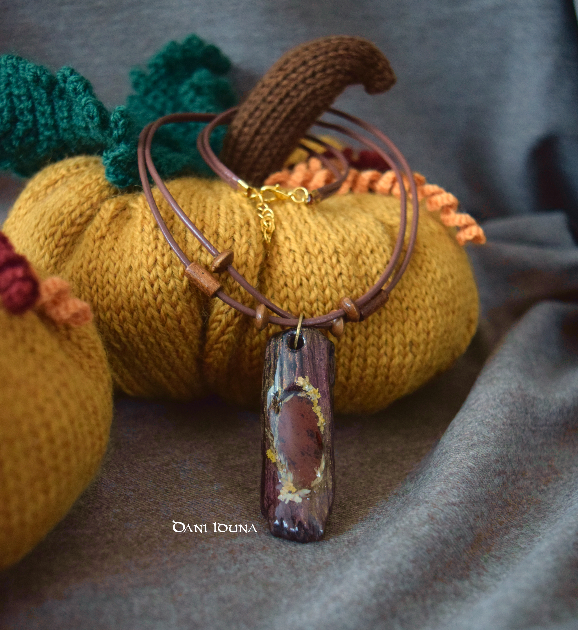 Unique Driftwood  Pendant with Mahogany Obsidian and brown Leather Necklace