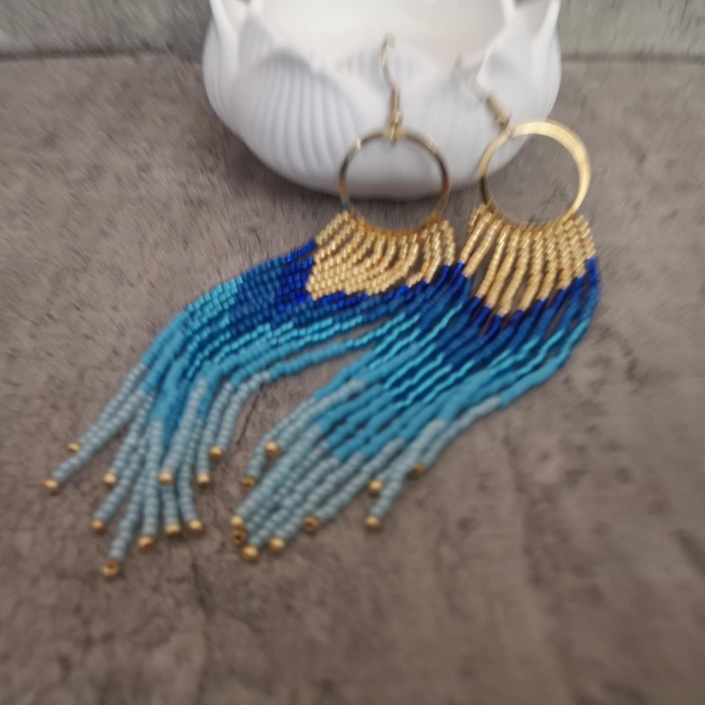 Gold and blue beaded fringe earrings, long earrings, photo 2