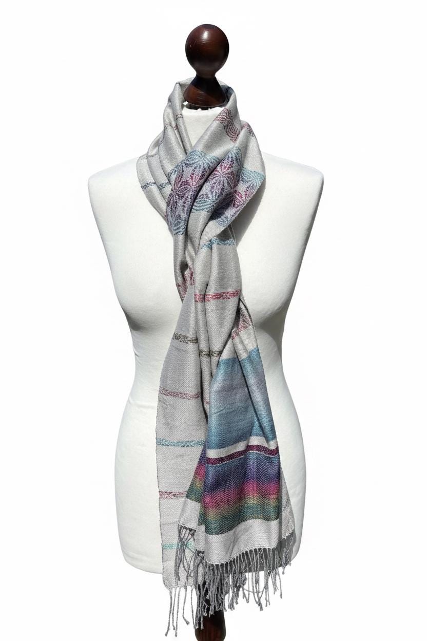Handwoven Silk Wool Blend Scarf | Silver Blue Infinity Wrap (42x162cm), photo 3