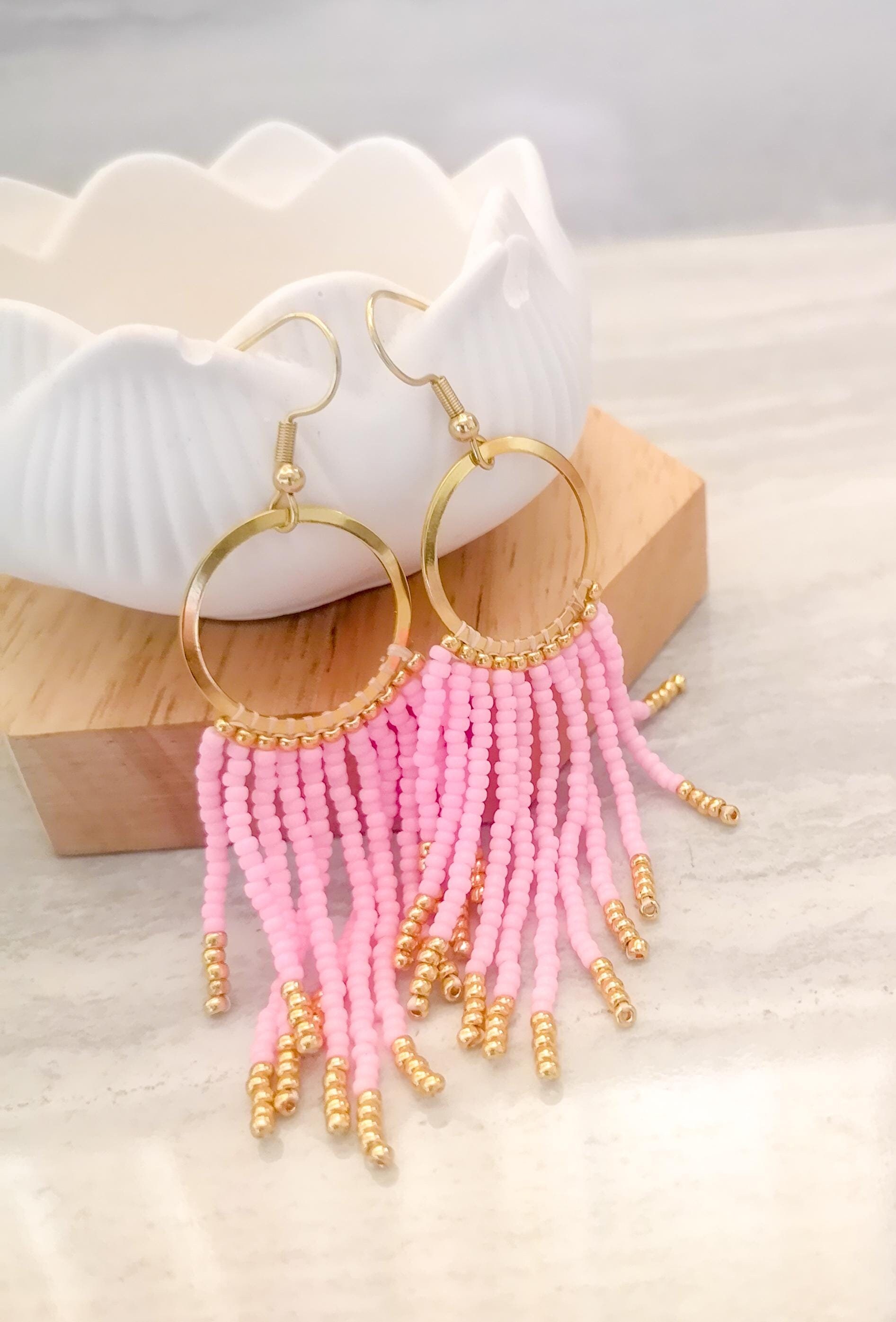 Pink and gold fringe earrings, bohemian beaded earrings