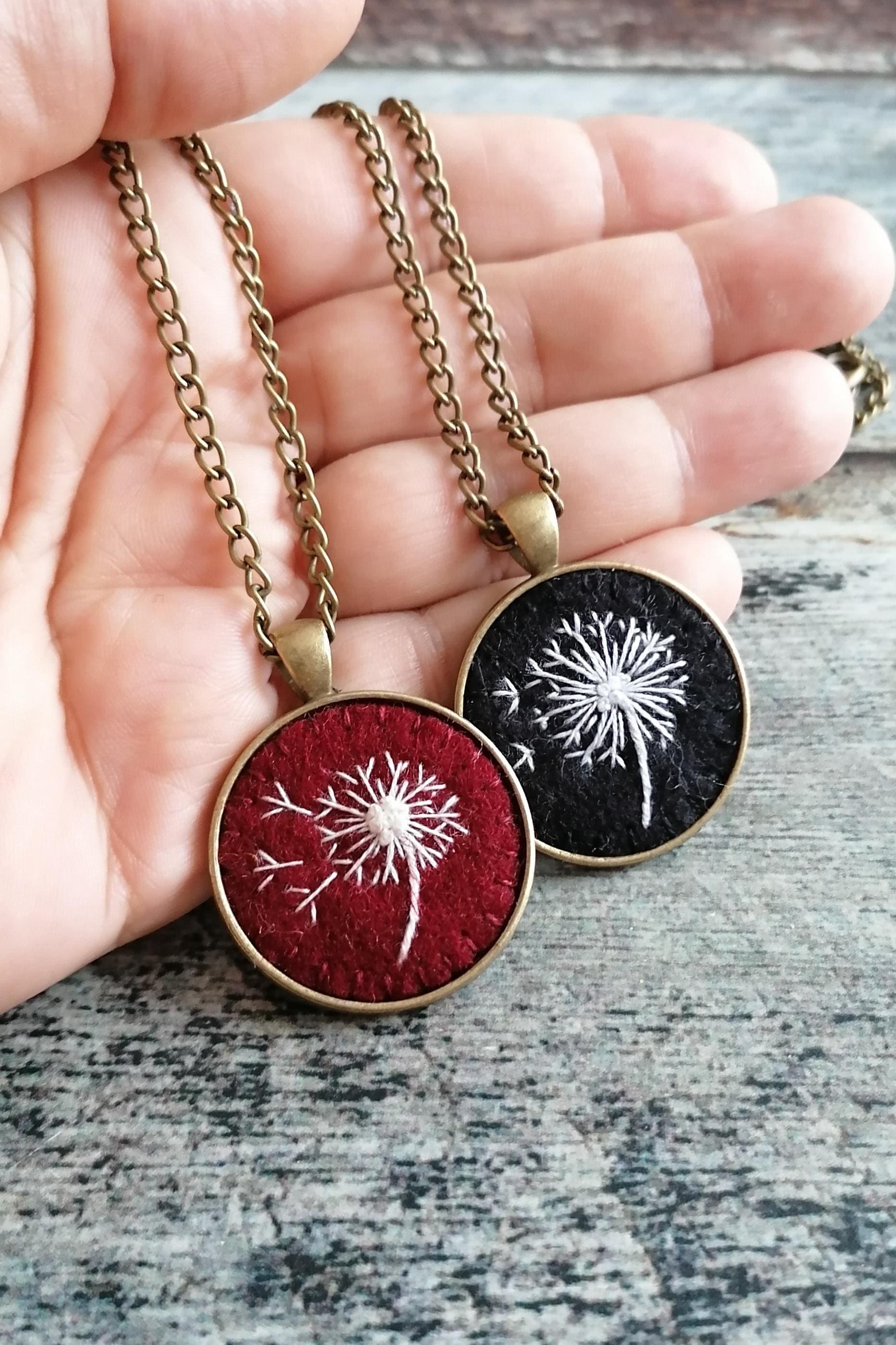 Hand Embroidered Dandelion Necklace, Black white color antique style Pendant, photo 3