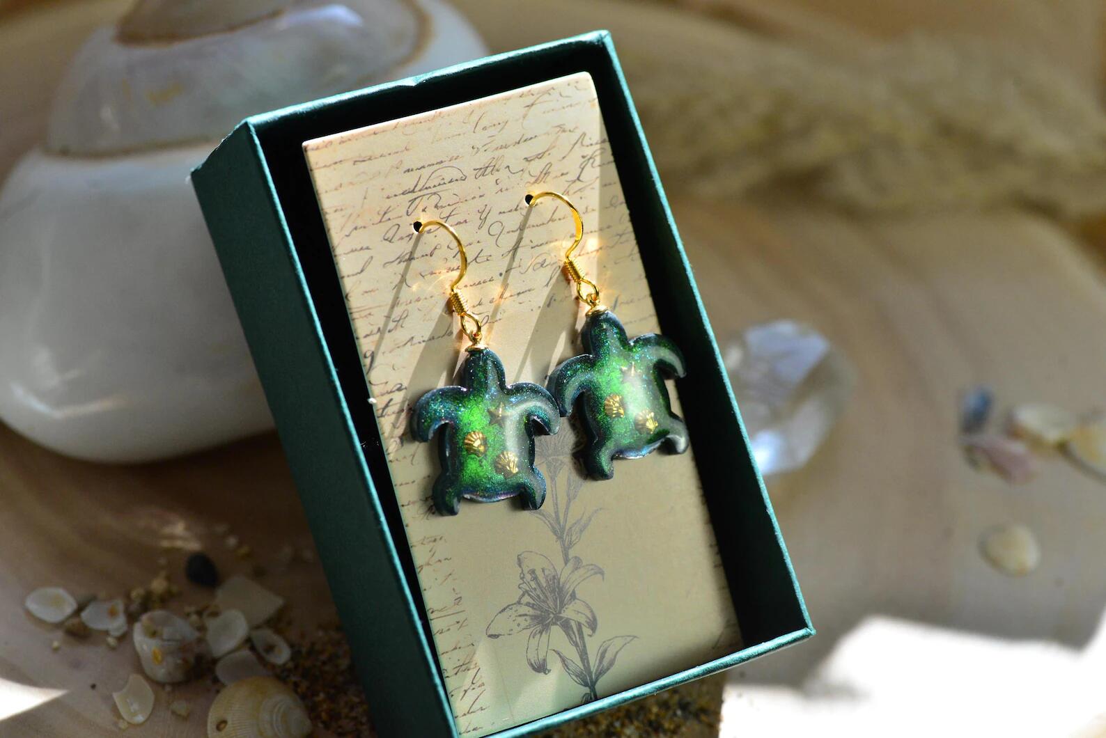 Ocean Resin Earrings - Sea Turtle Green Iridescent Gold Drop Jewelry, photo 4