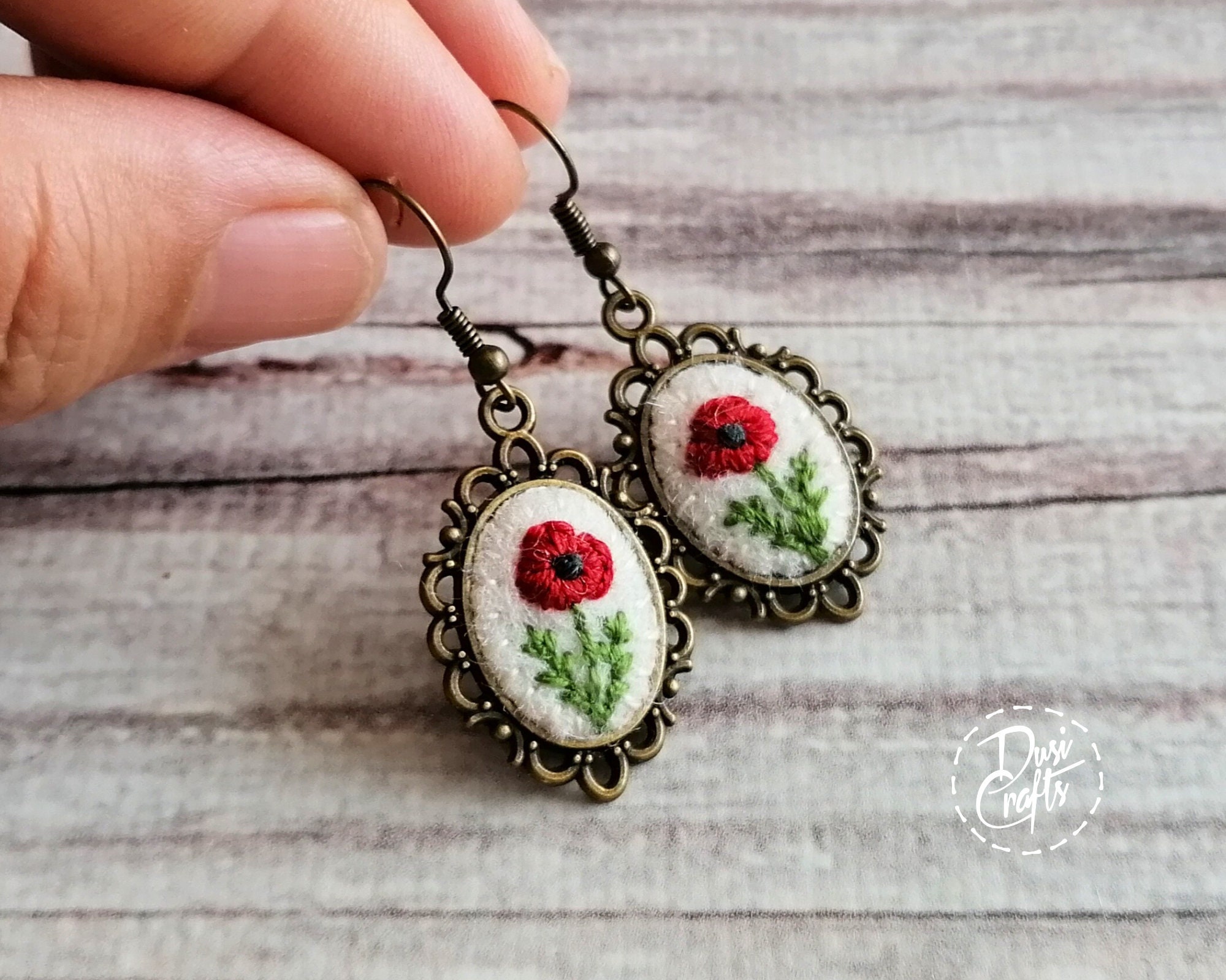 Red Poppy Earrings, Valentines day gift, Poppy Embroider Earrings, Small Dangle earrings