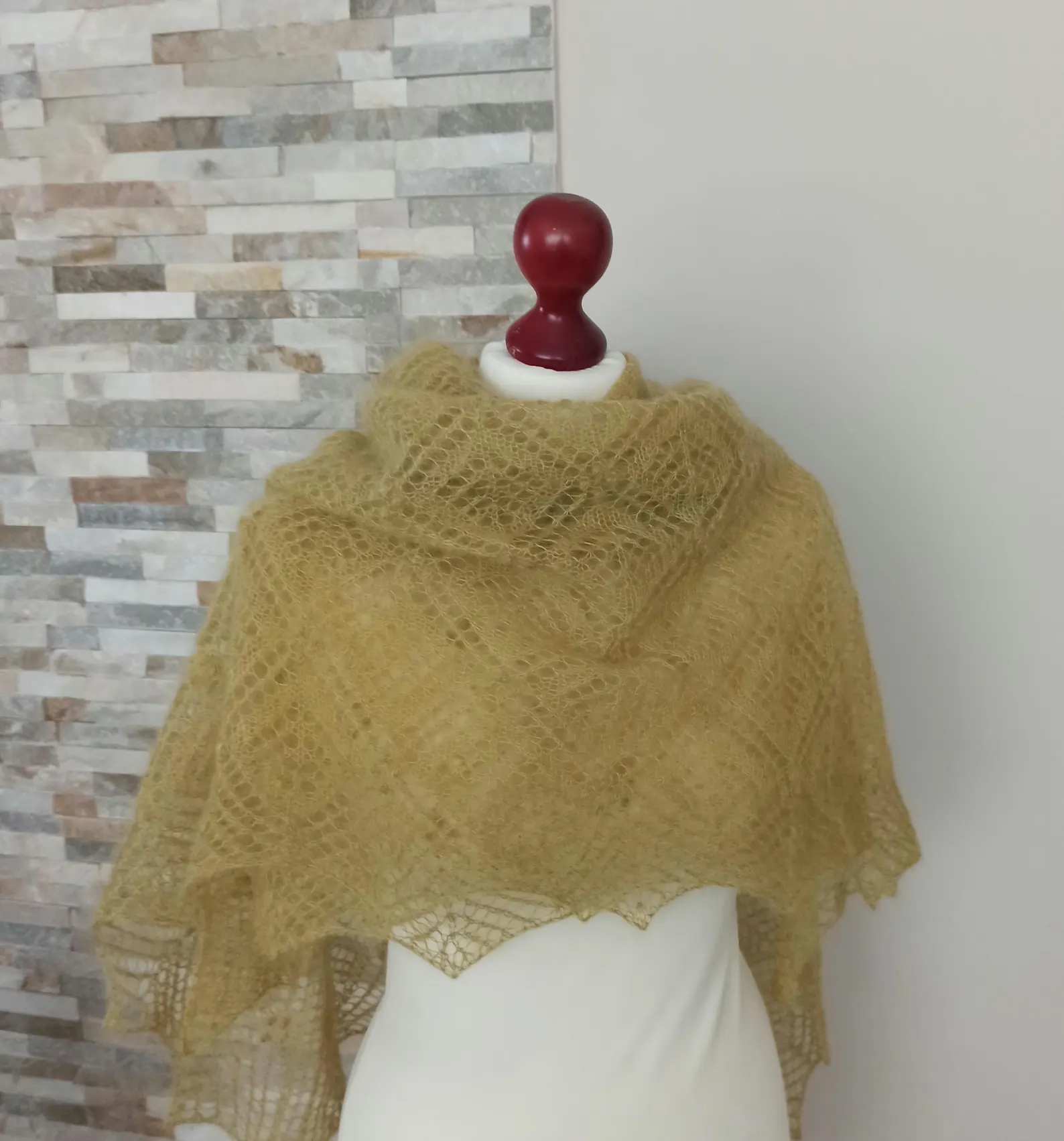 Hand Knitted Lace Shawl, Light Olive Green Silk Blend, photo 2