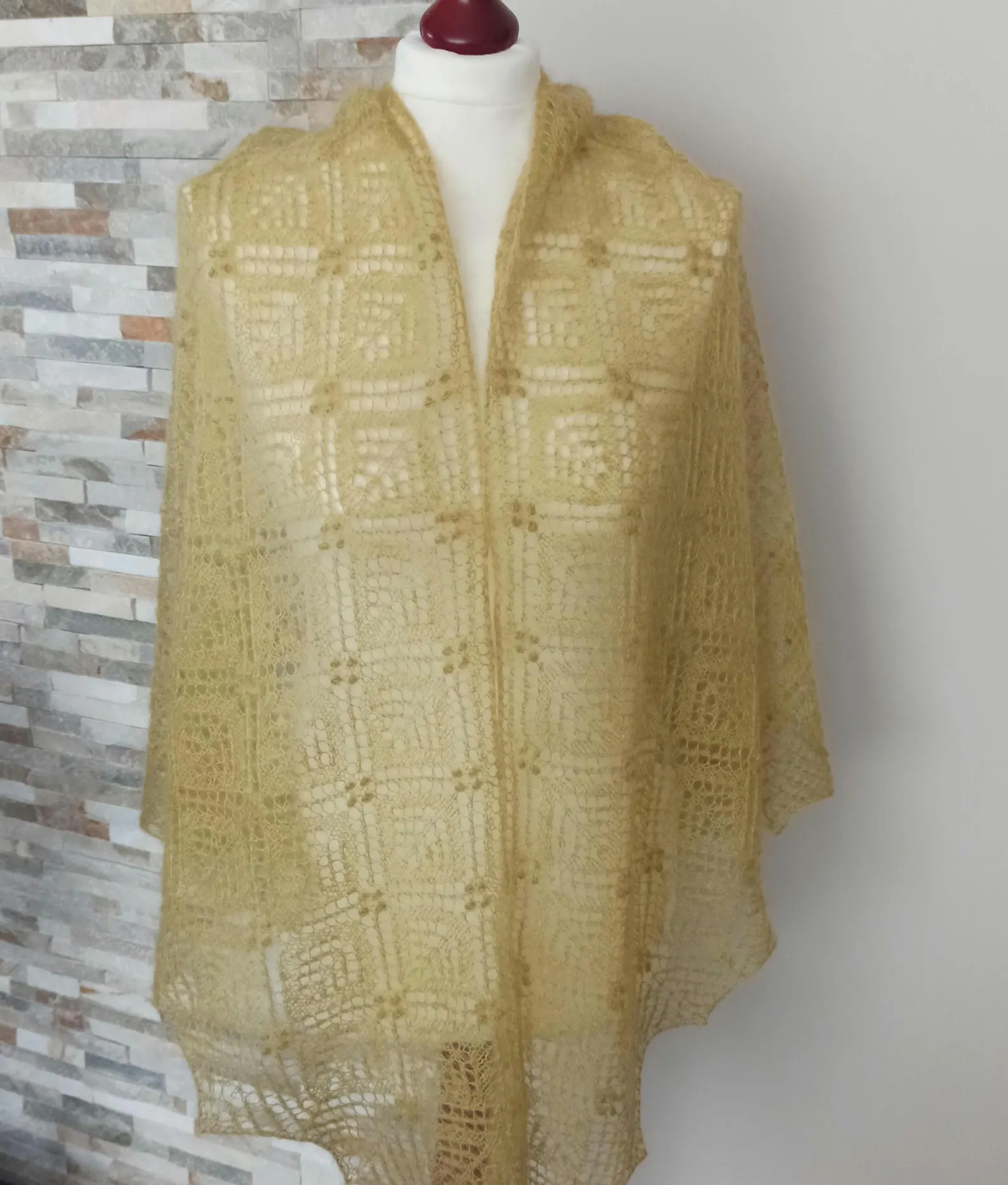 Hand Knitted Lace Shawl, Light Olive Green Silk Blend, photo 3