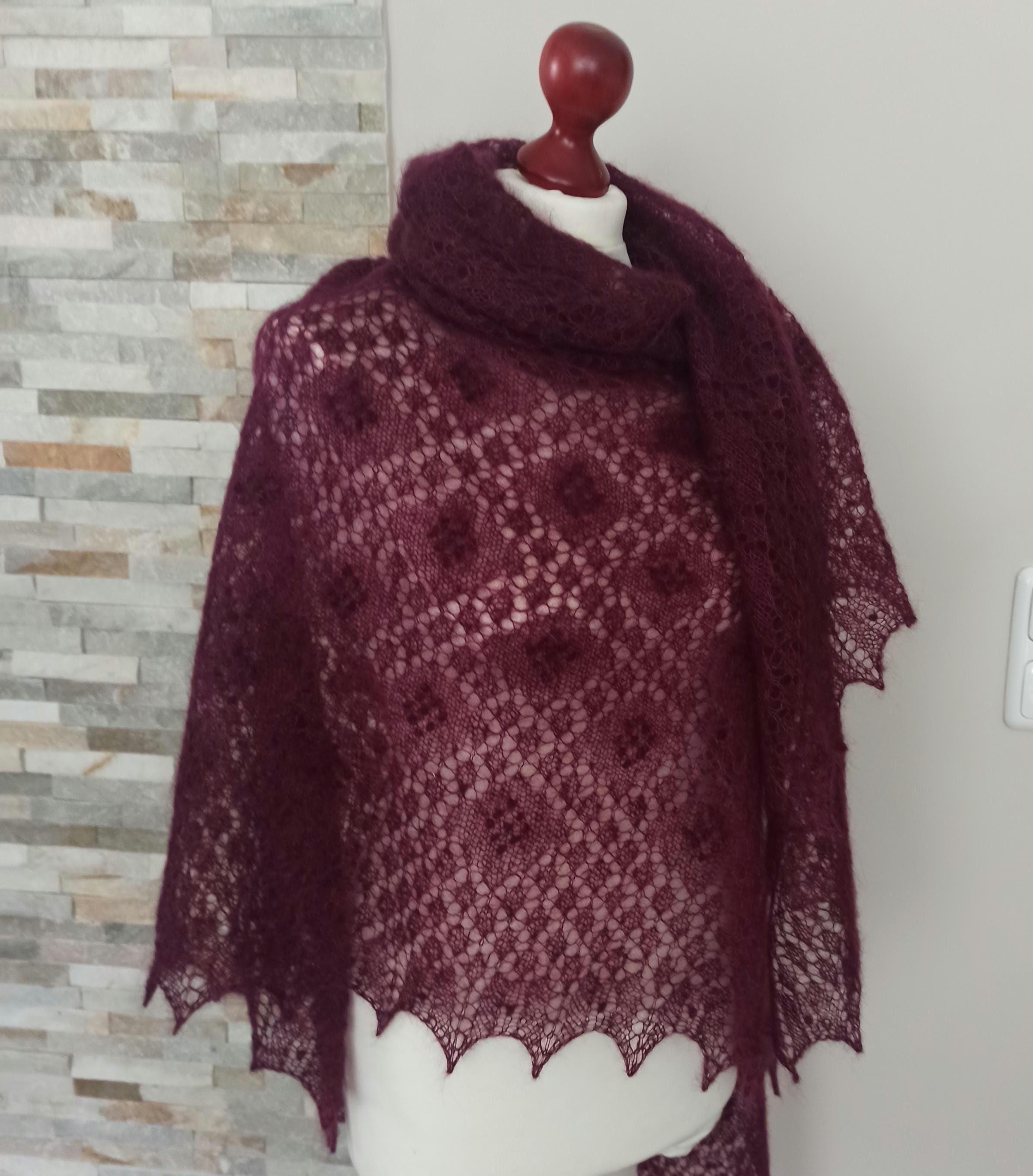 Hand knitted triangular luxurious Mohair/Silk lace shawl,  Lace pattern shawl.