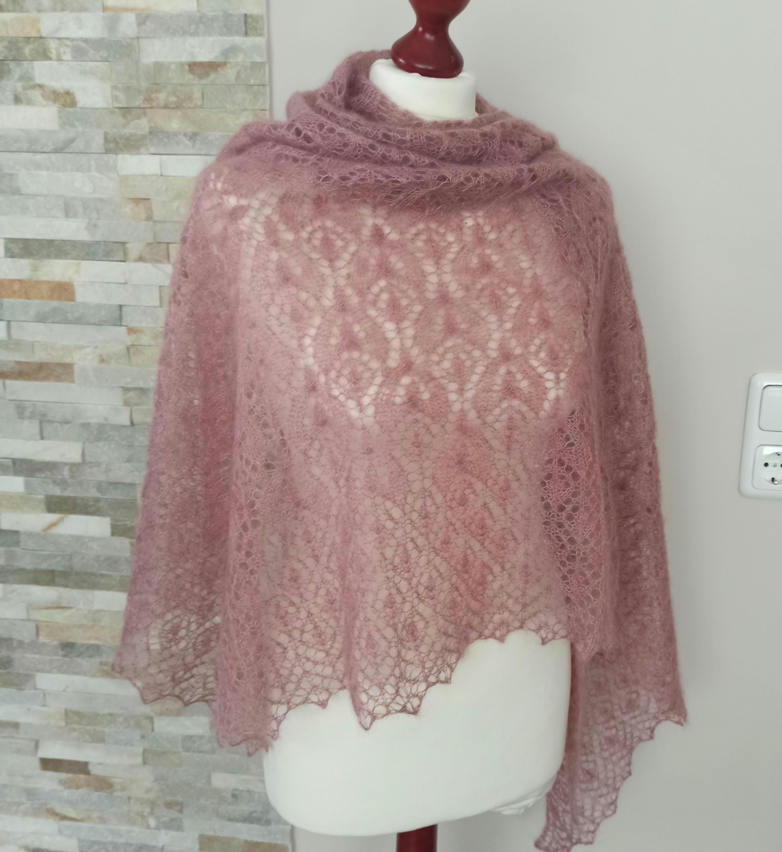Hand Knitted Lace Shawl, Rose Mohair/Silk Lace Shawl