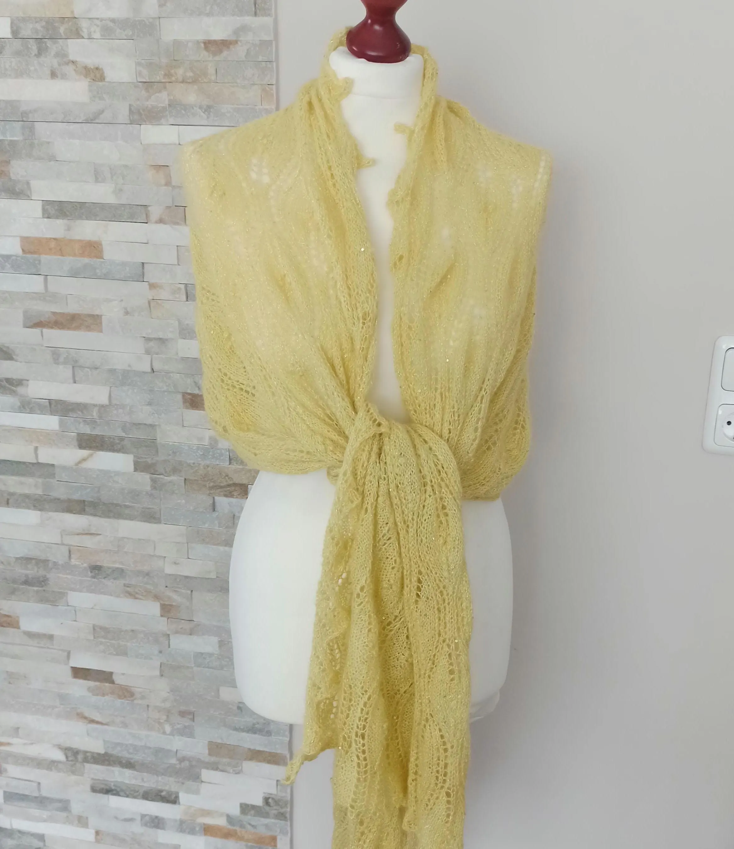 Lace Shawl, Hand knitted  lace shawl, Traditional Estonian pattern, butter yellow color shawl, photo 3