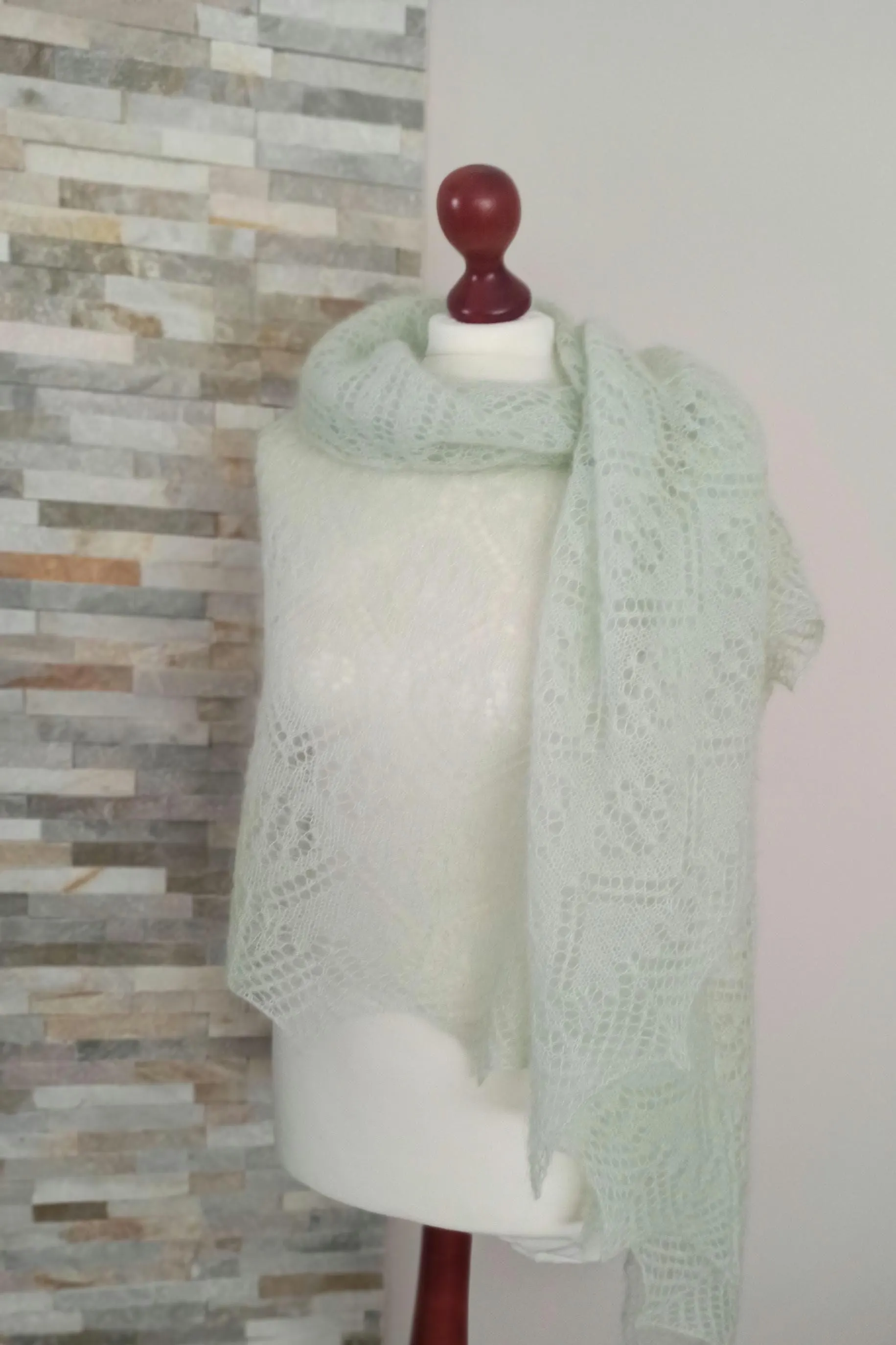 Hand Knitted Lace Shawl, Mint/Pistachio Mohair/Silk Lace Shawl
