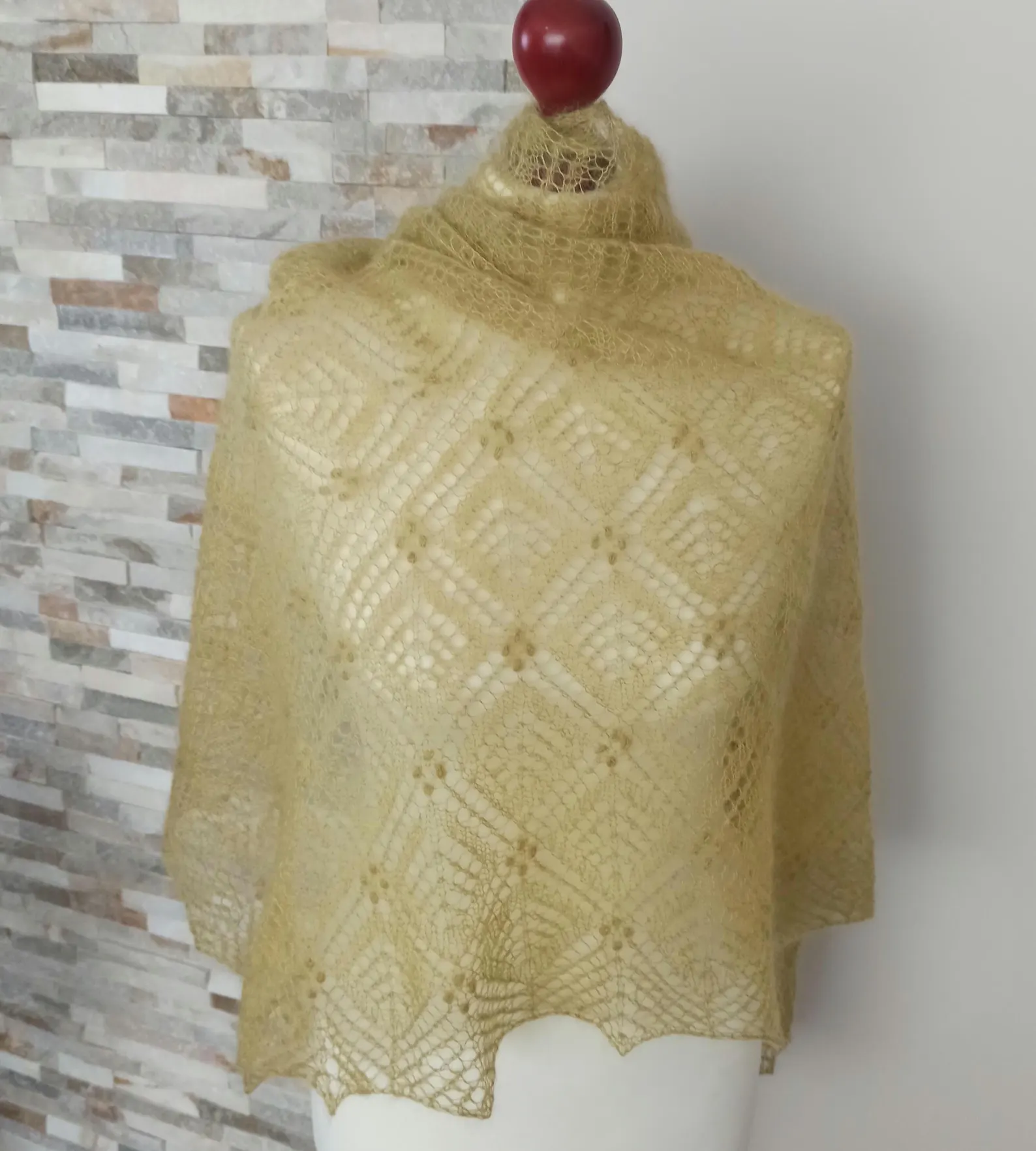Hand Knitted Lace Shawl, Light Olive Green Silk Blend, photo 6