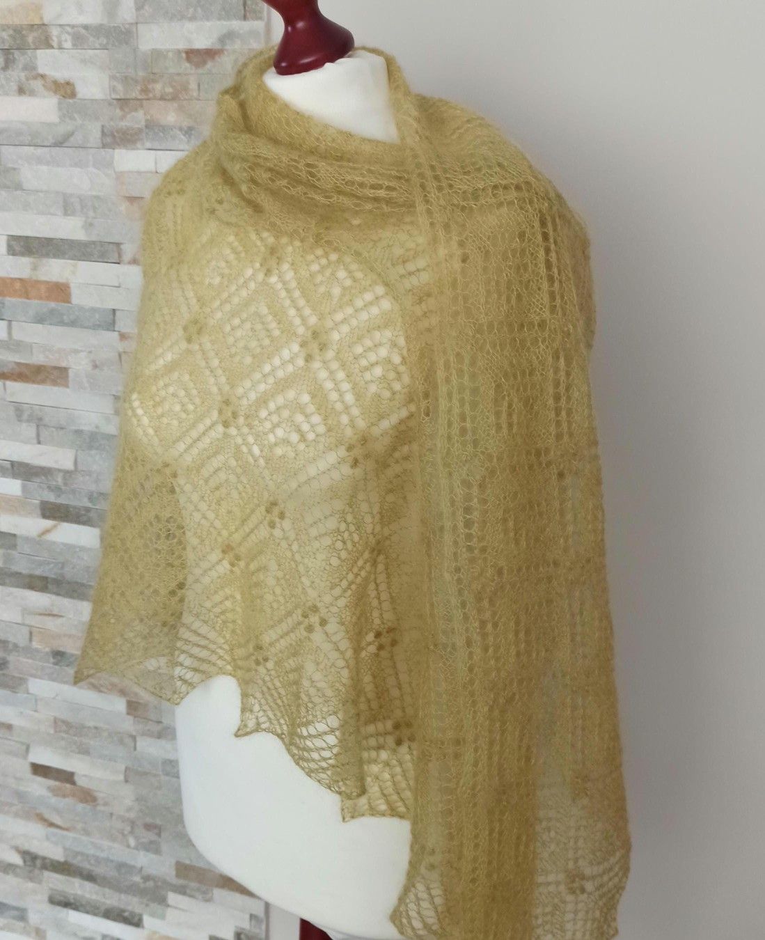 Hand Knitted Lace Shawl, Light Olive Green Silk Blend