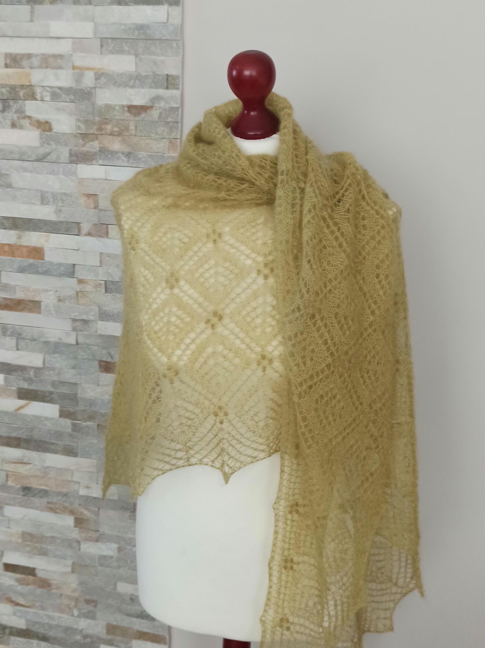 Hand Knitted Lace Shawl, Light Olive Green Silk Blend, photo 4