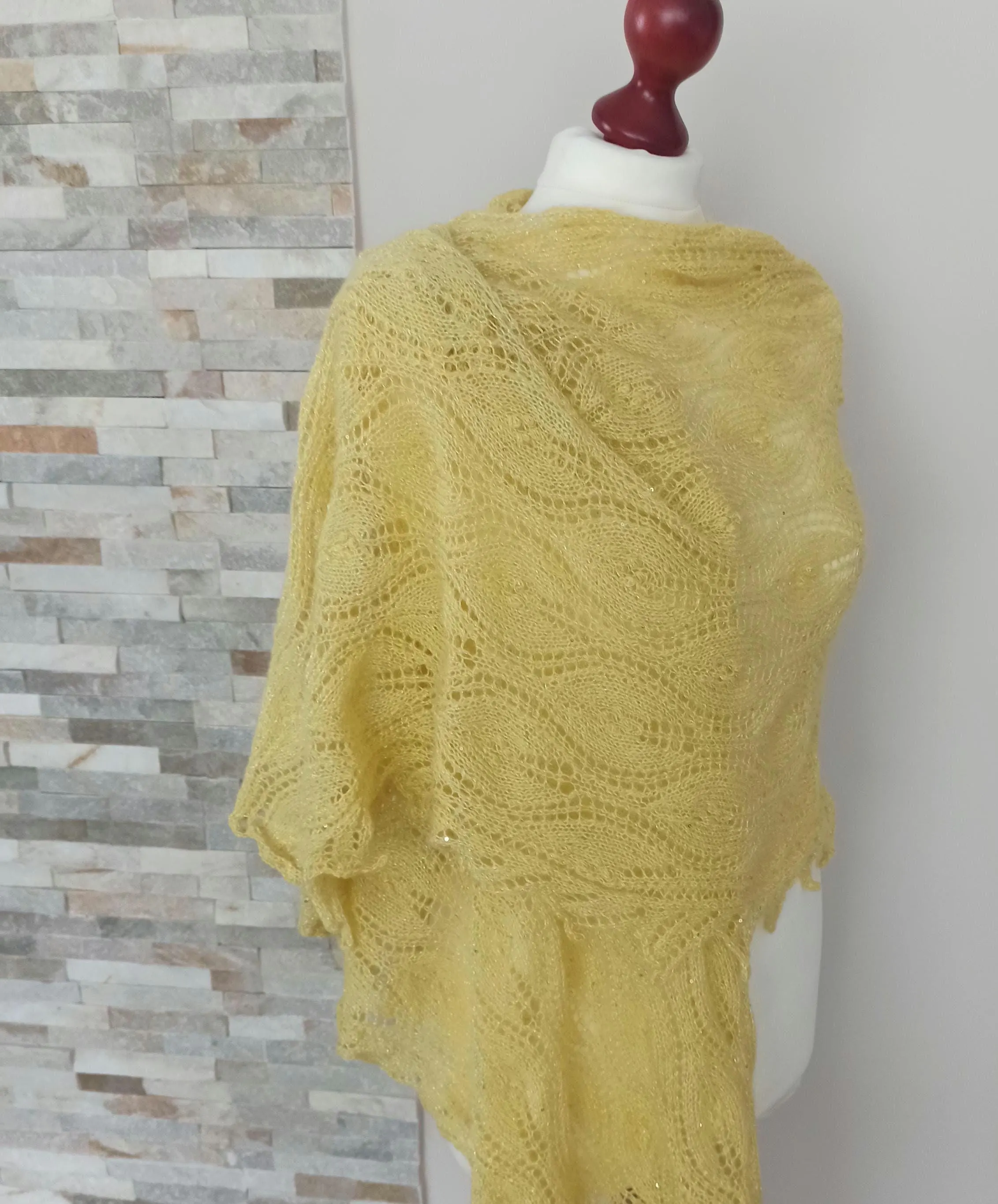 Lace Shawl, Hand knitted  lace shawl, Traditional Estonian pattern, butter yellow color shawl, photo 2
