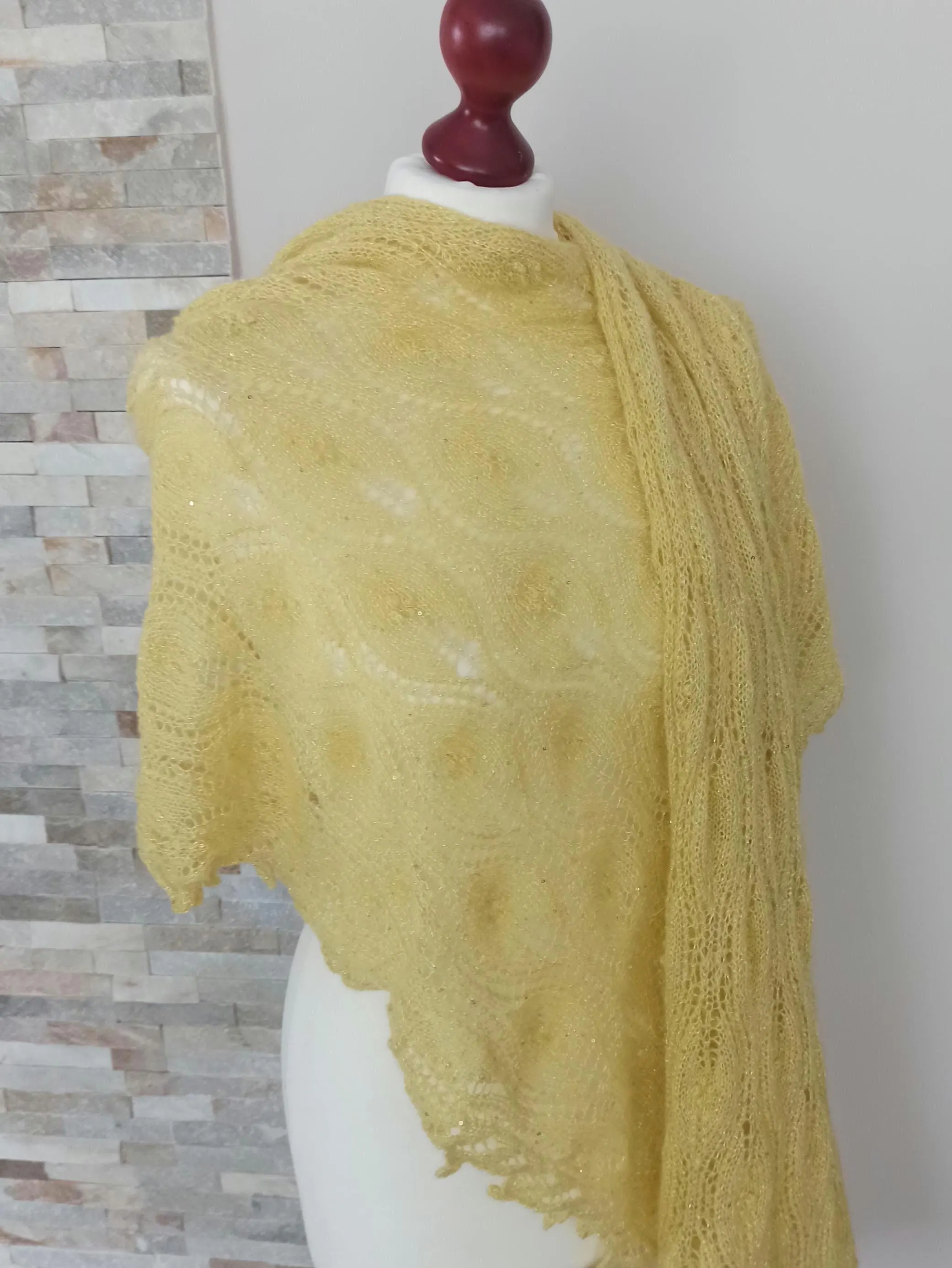Lace Shawl, Hand knitted  lace shawl, Traditional Estonian pattern, butter yellow color shawl, photo 4