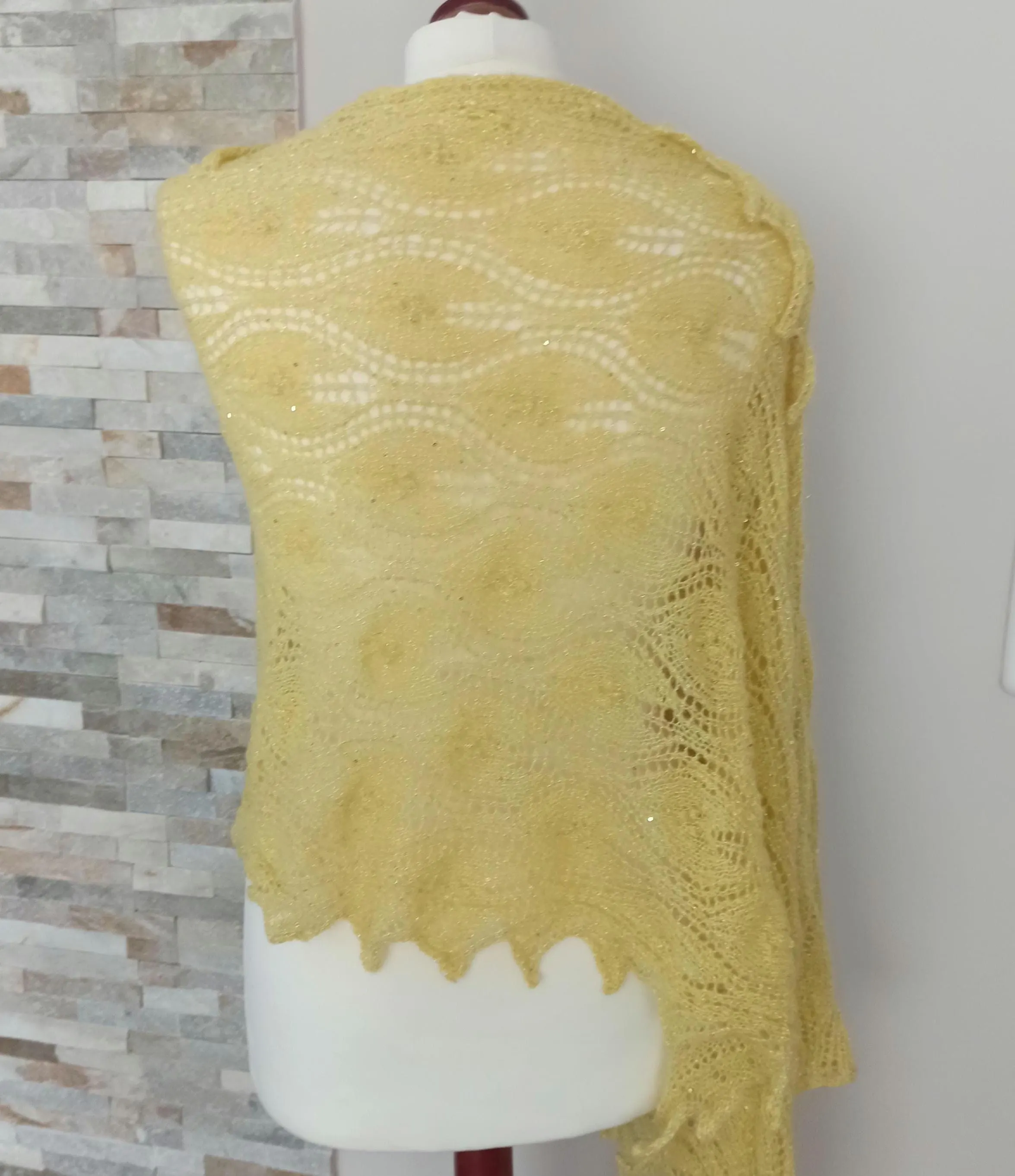 Lace Shawl, Hand knitted  lace shawl, Traditional Estonian pattern, butter yellow color shawl, photo 5